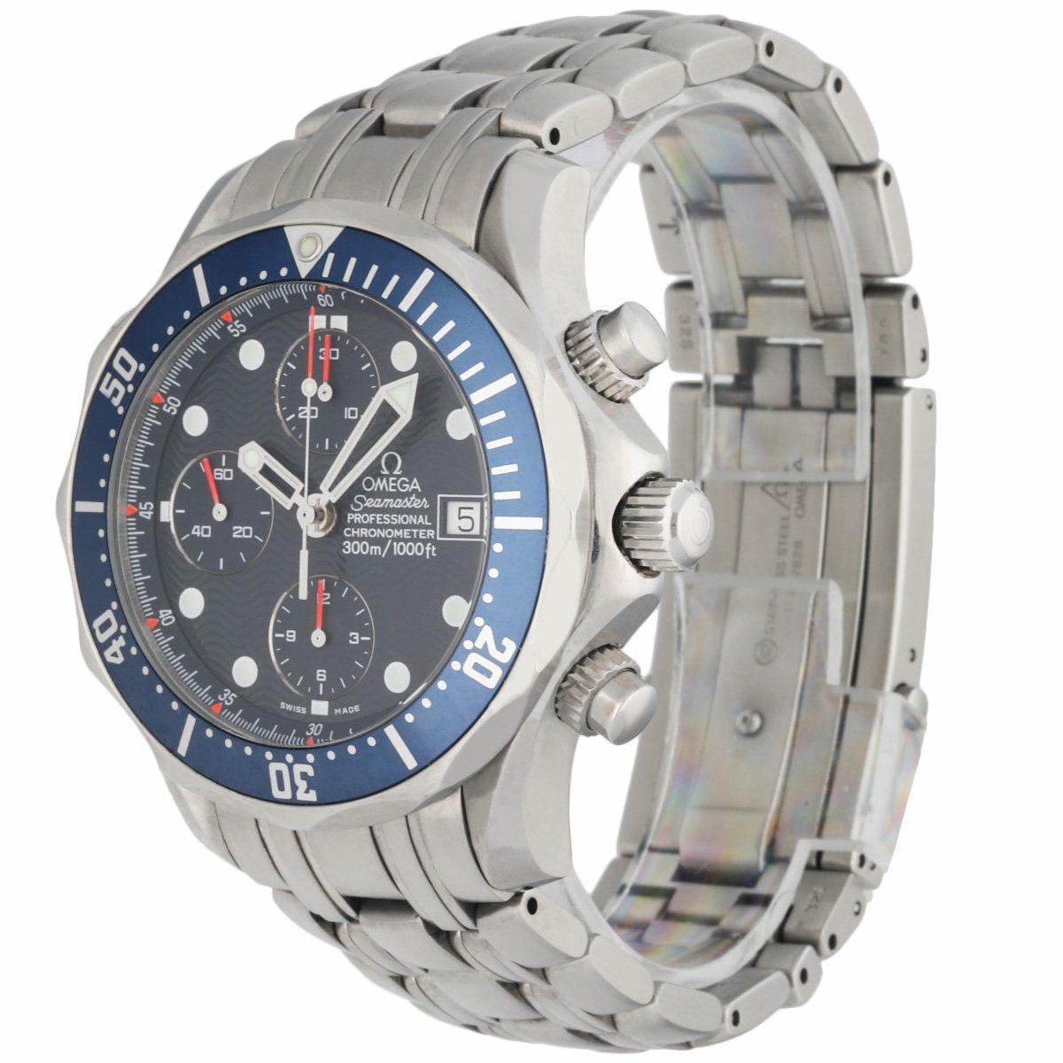Omega Seamaster professional 2298.80.00 men's watch. 42mm titanium case with titanium unidirectional rotating bezel with blue bezel insert. Blue wave dial with luminous steel hands and dot hour markers. Date display at the 3 o'clock position. Three