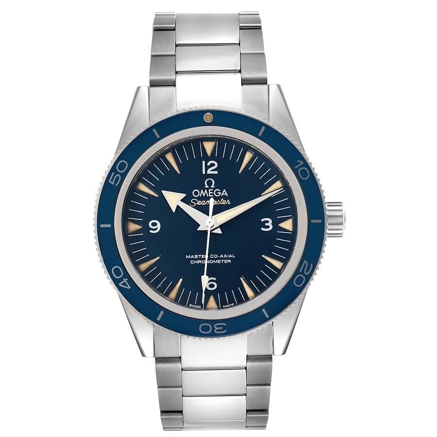 Omega Seamaster 300 Blue Dial Titanium Watch 233.90.41.21.03.001 Box Card. Automatic self-winding movement with Co-Axial escapement. Resistant to magnetic fields greater than 15,000 gauss. Free sprung-balance with silicon balance spring, two barrels