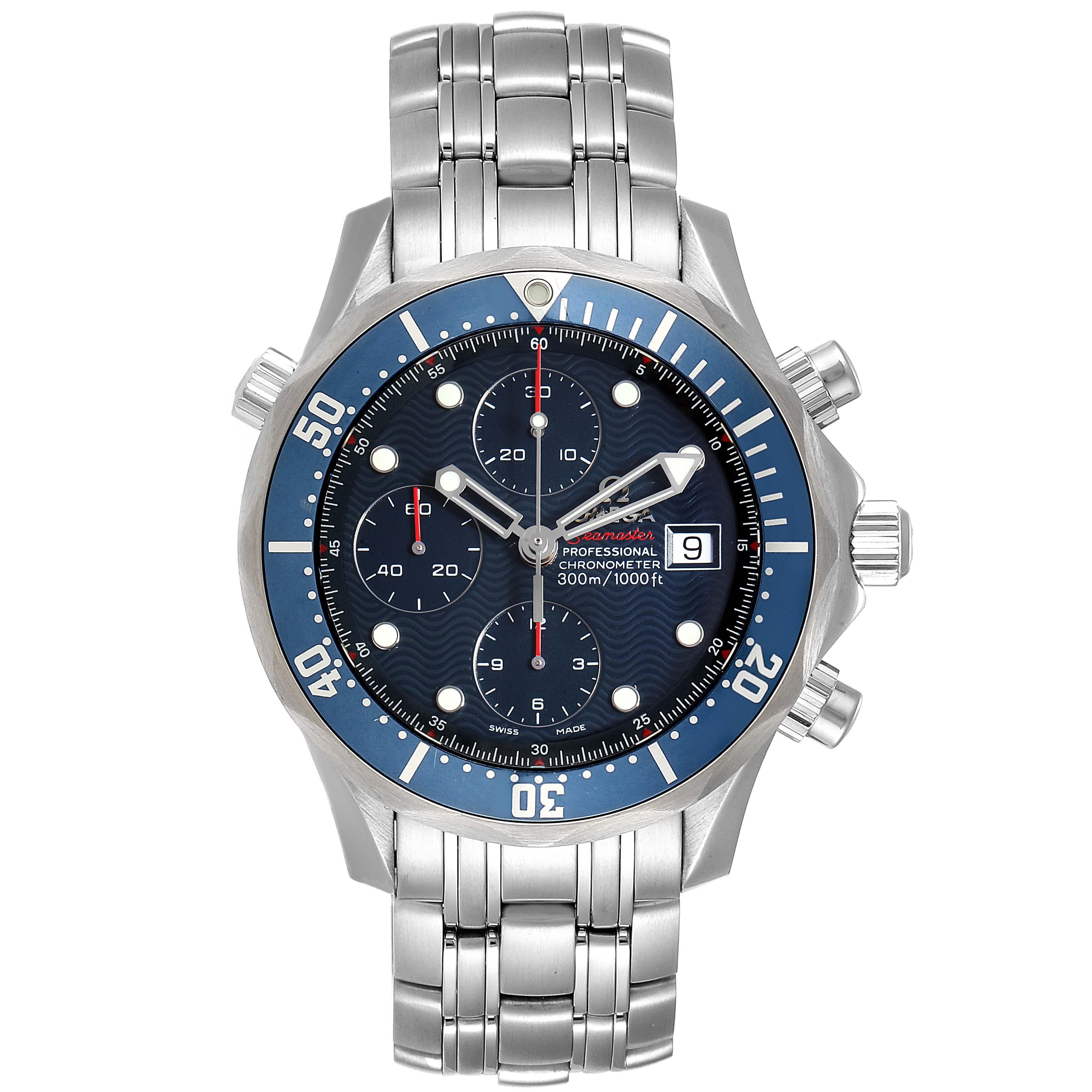 Omega Seamaster 300 Chronograph 41.5 mm Mens Watch 2225.80.00 Box Card. Officially certified chronometer automatic self-winding movement. Chronograph function. Brushed and polished stainless steel case 41.5 mm in diameter. Omega logo on a crown.