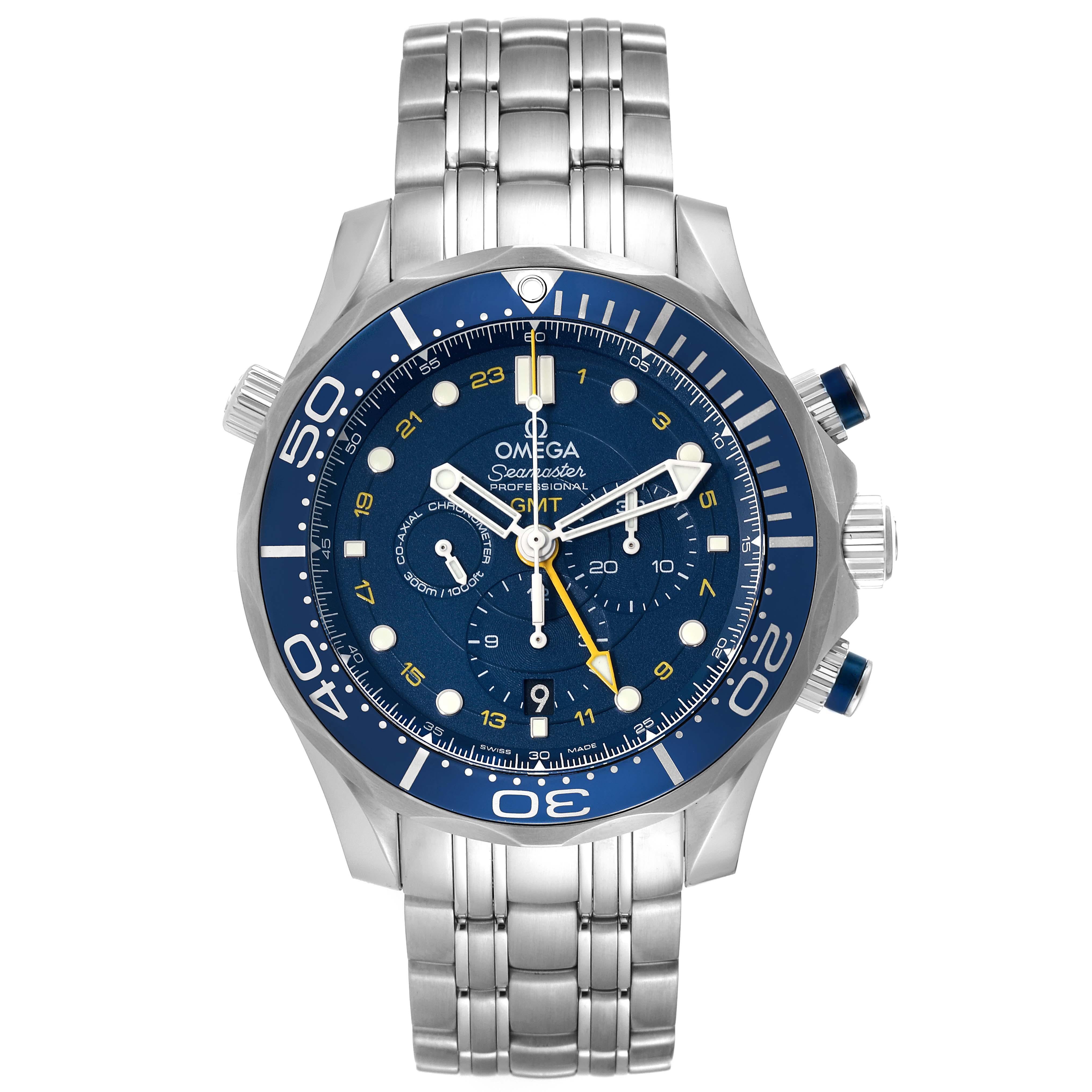 Omega Seamaster 300 GMT Steel Mens Watch 212.30.44.52.03.001 Box Card. Officially certified chronometer automatic self-winding chronograph movement. Brushed and polished stainless steel case 44 mm in diameter. Omega logo on a crown. Blue