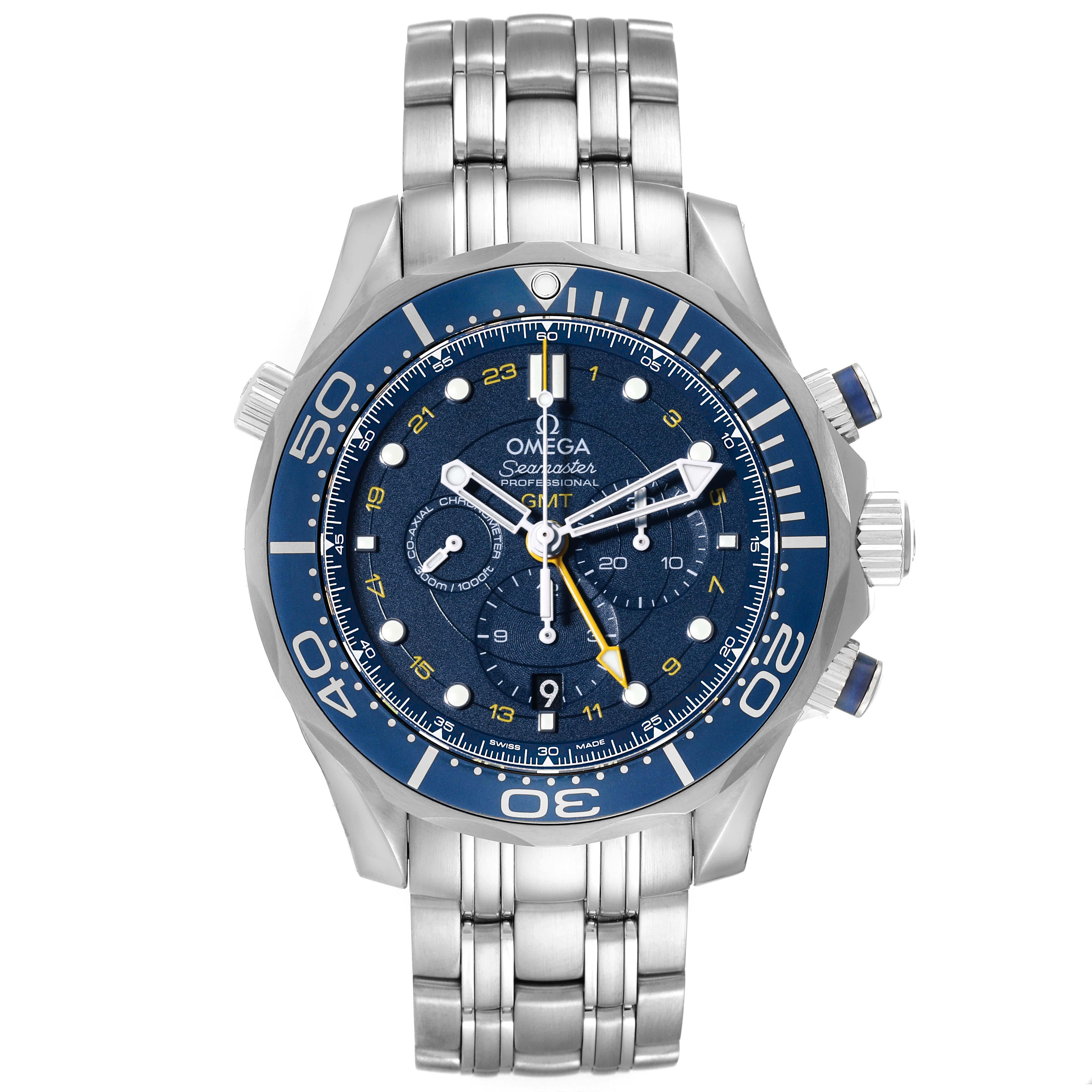 Omega Seamaster 300 GMT Steel Mens Watch 212.30.44.52.03.001 Box Card. Officially certified chronometer automatic self-winding chronograph movement. Brushed and polished stainless steel case 44 mm in diameter. Omega logo on a crown. Blue