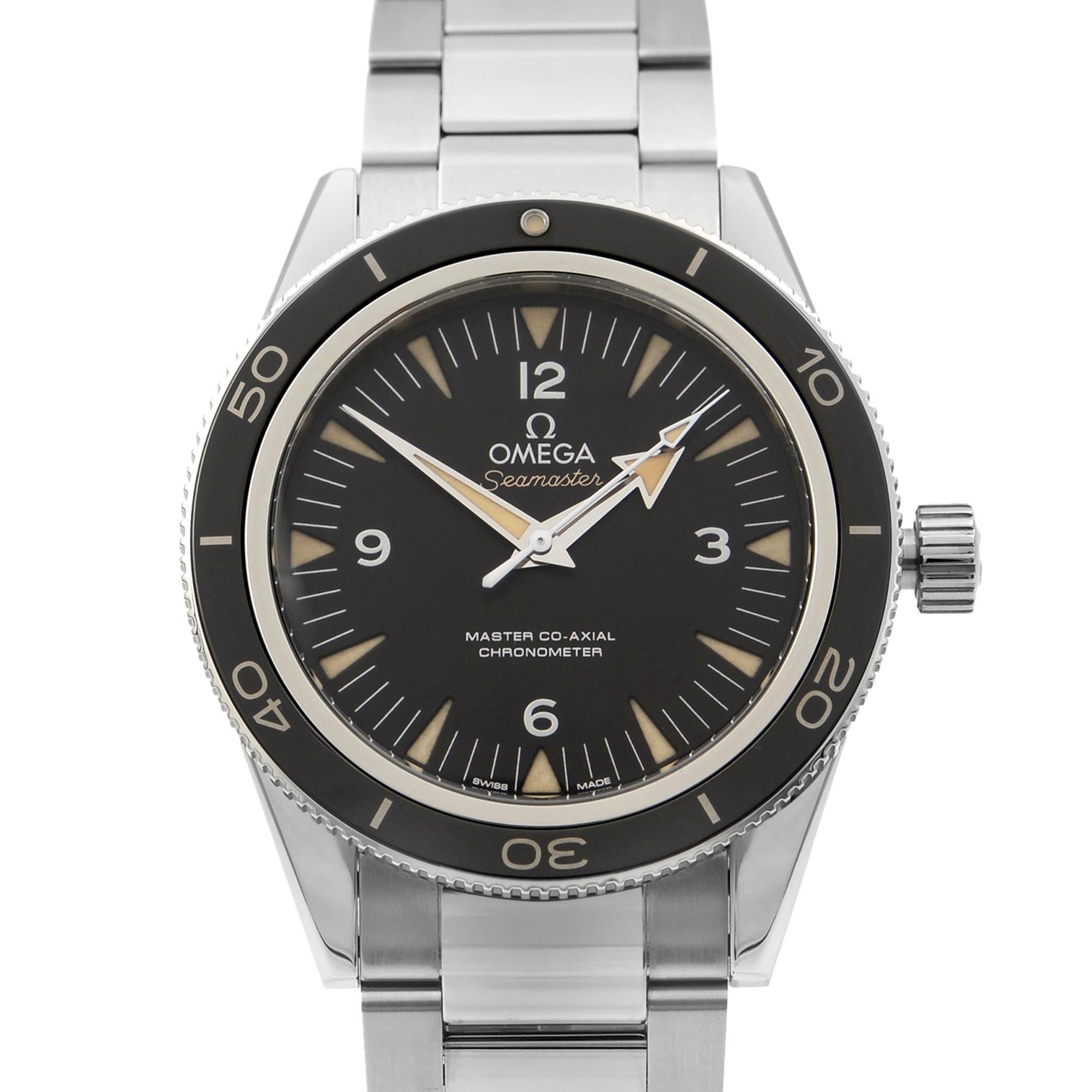 This display model Omega Seamaster  233.30.41.21.01.001 is a beautiful men's timepiece that is powered by mechanical (automatic) movement which is cased in a stainless steel case. It has a round shape face, no features dial and has hand sticks &