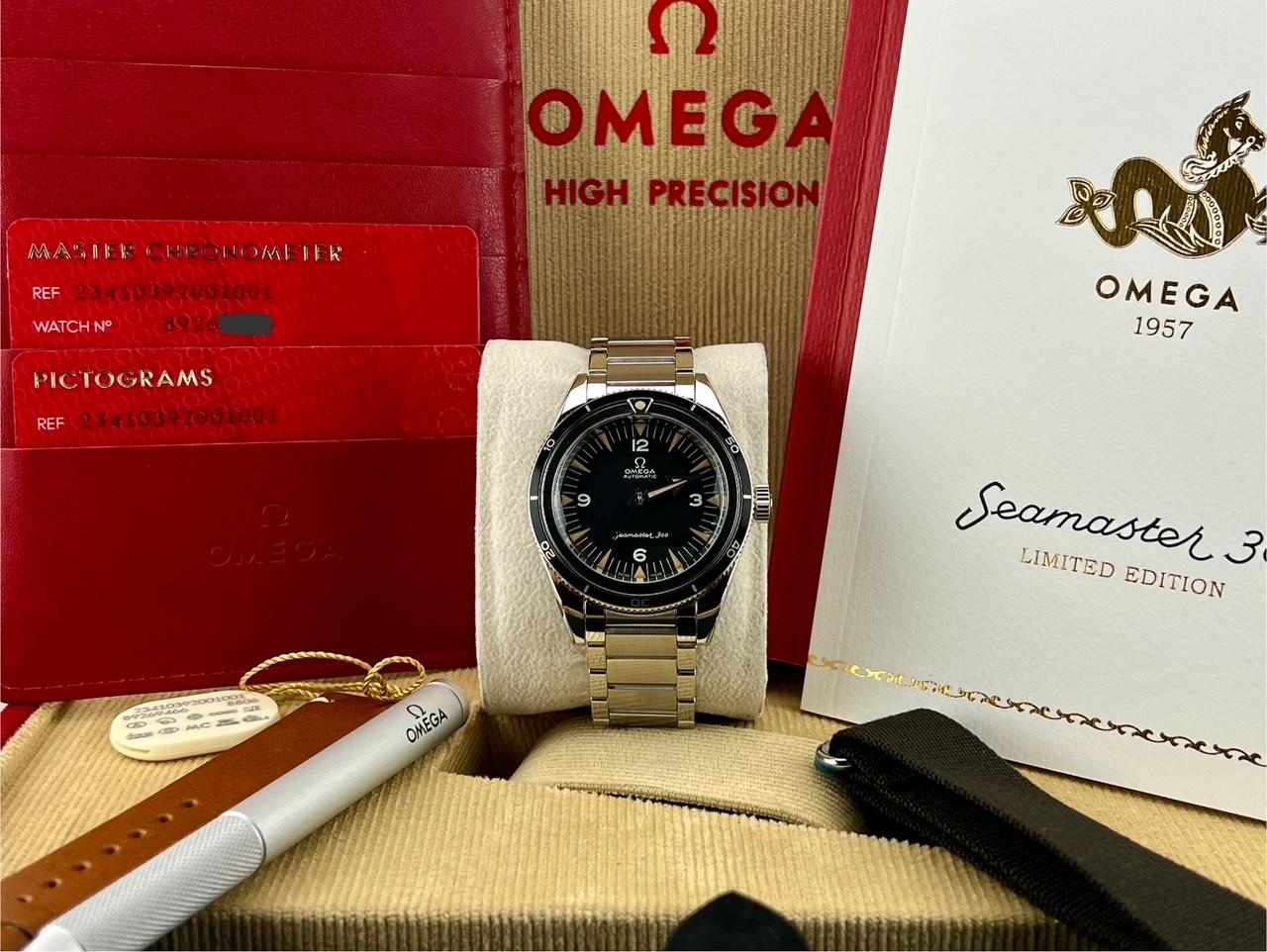 Omega Seamaster 300 The 1957 Trilogy 234.10.39.20.01.001 39mm Steel Box Paper In Good Condition For Sale In San Diego, CA