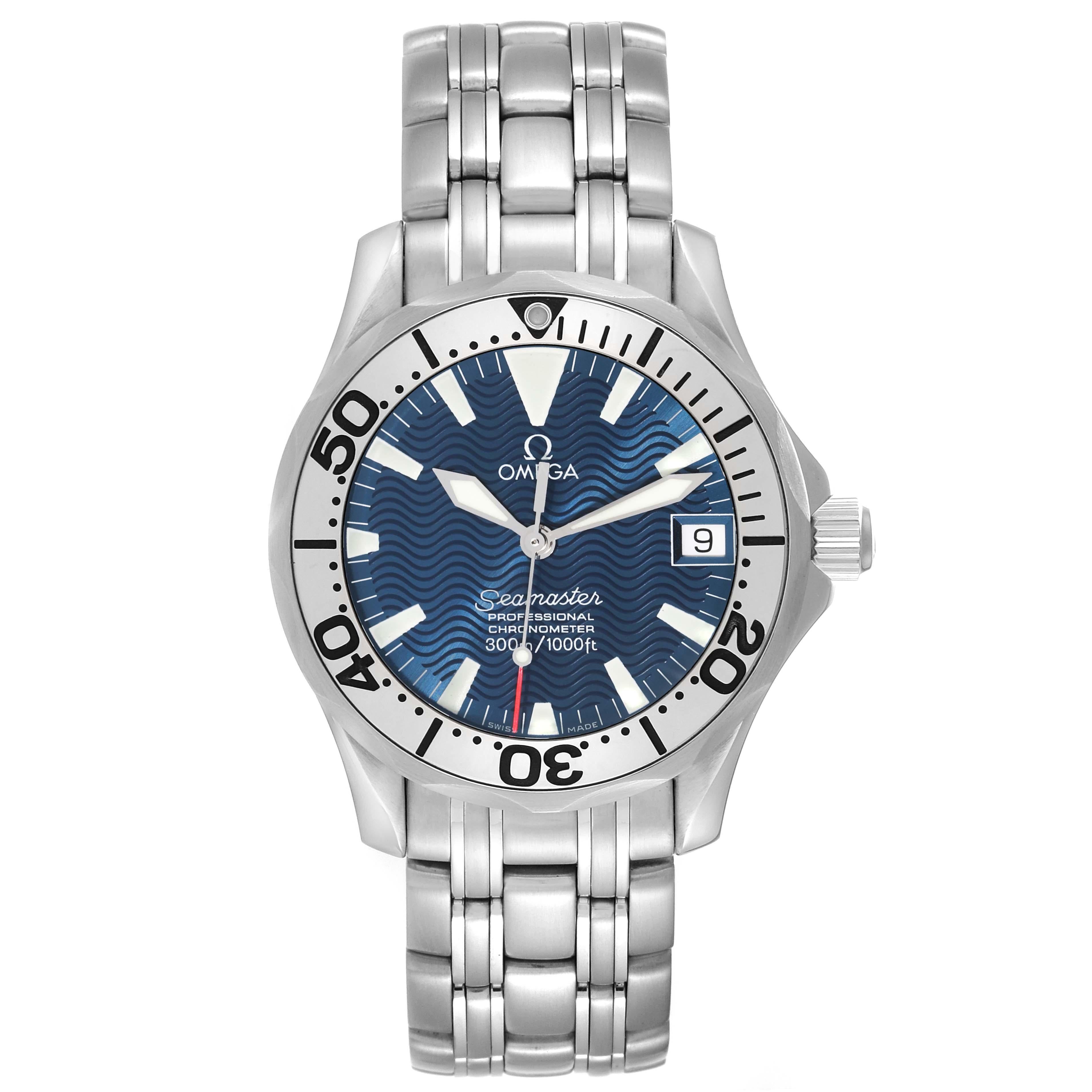 Omega Seamaster 300M Blue Dial Steel Mens Watch 2253.80.00. Officially certified chronometer automatic self-winding movement. Caliber 1120. Stainless steel case 36.25 mm in diameter. Omega logo on a crown. Stainless steel unidirectional rotating