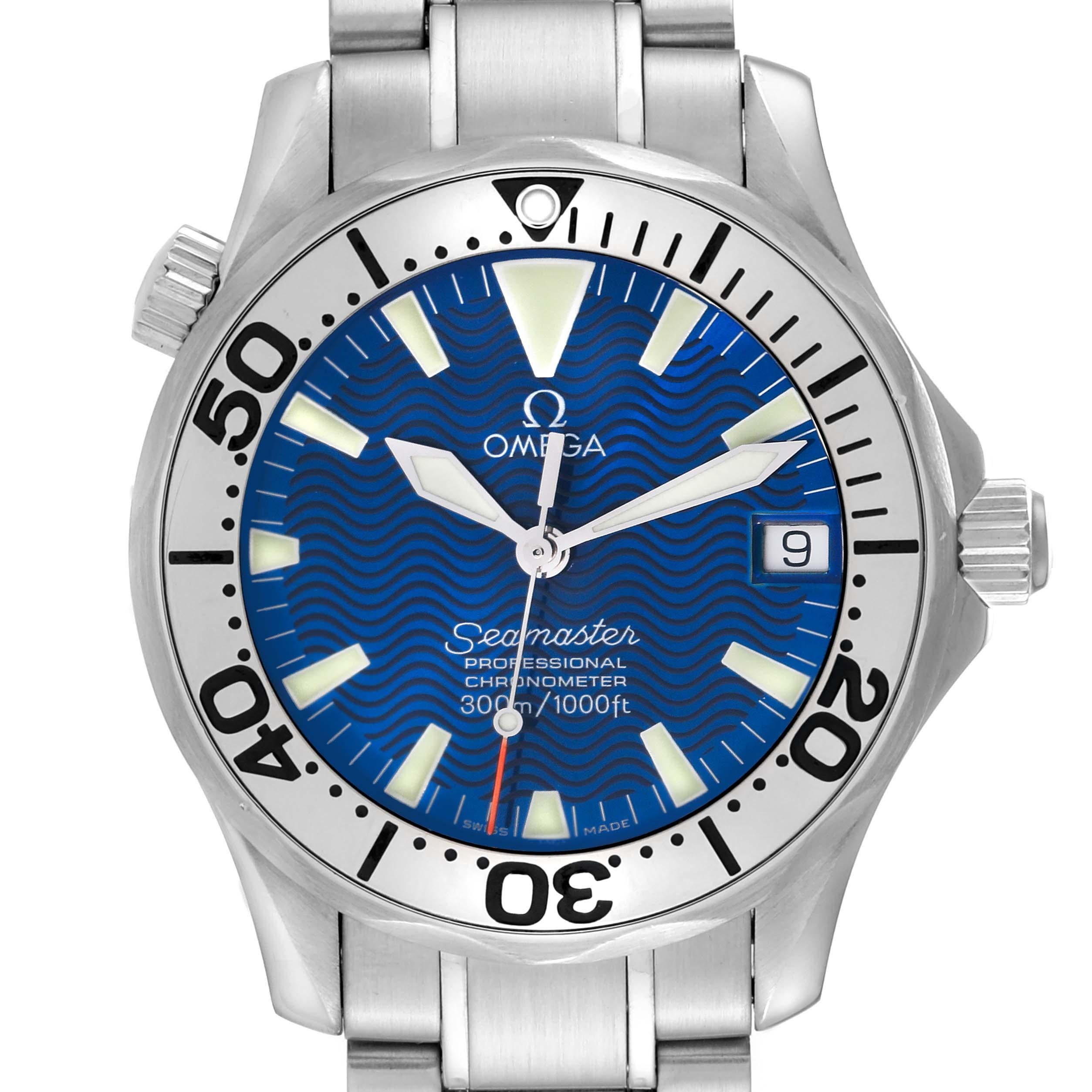 Omega Seamaster 300M Blue Dial Steel Mens Watch 2253.80.00. Officially certified chronometer automatic self-winding movement. Caliber 1120. Stainless steel case 36.25 mm in diameter. Omega logo on a crown. Stainless steel unidirectional rotating