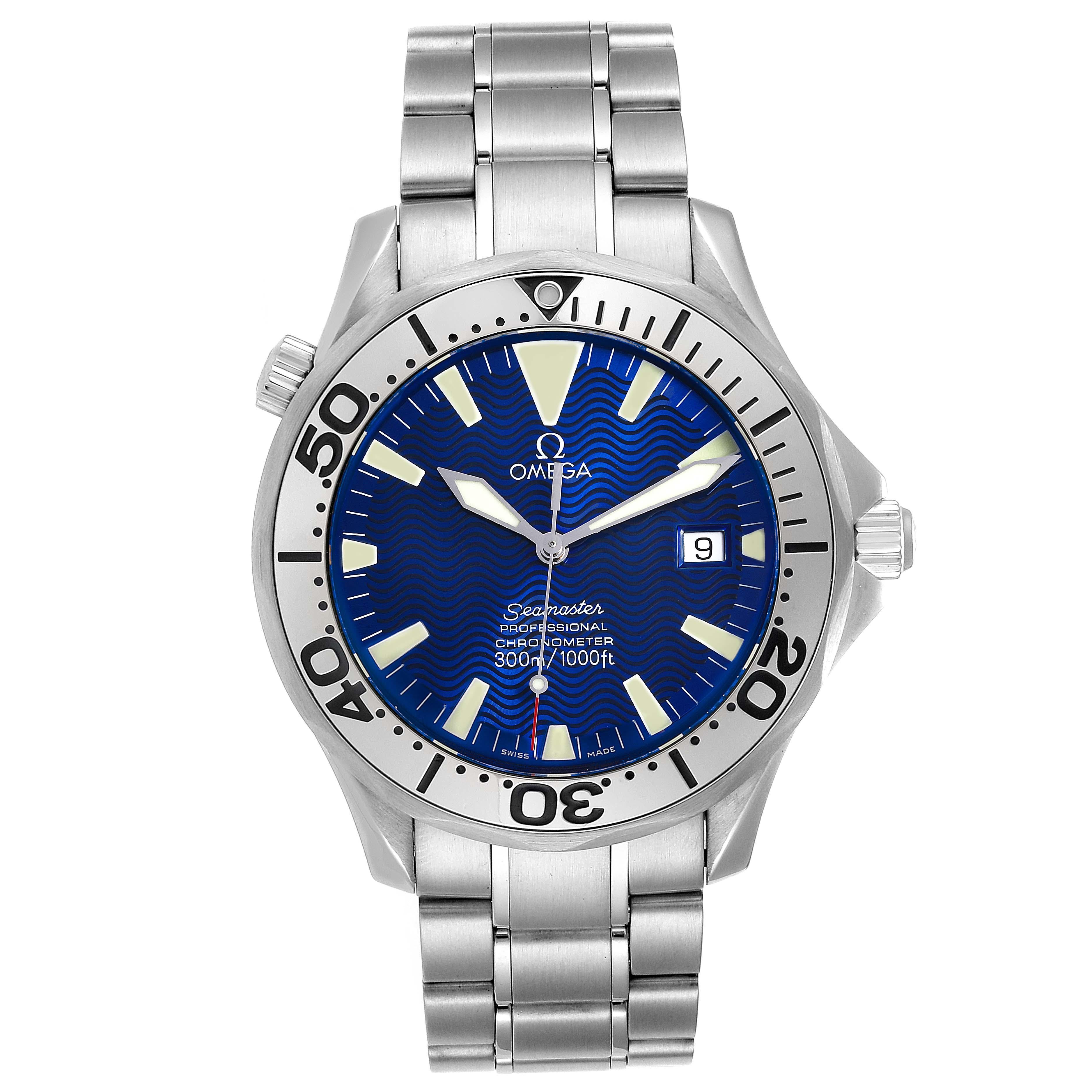 Omega Seamaster 300M Blue Dial Steel Mens Watch 2255.80.00. Officially certified chronometer automatic self-winding movement. Caliber 1120. Stainless steel case 41.5 mm in diameter. Omega logo on a crown. Stainless steel unidirectional rotating