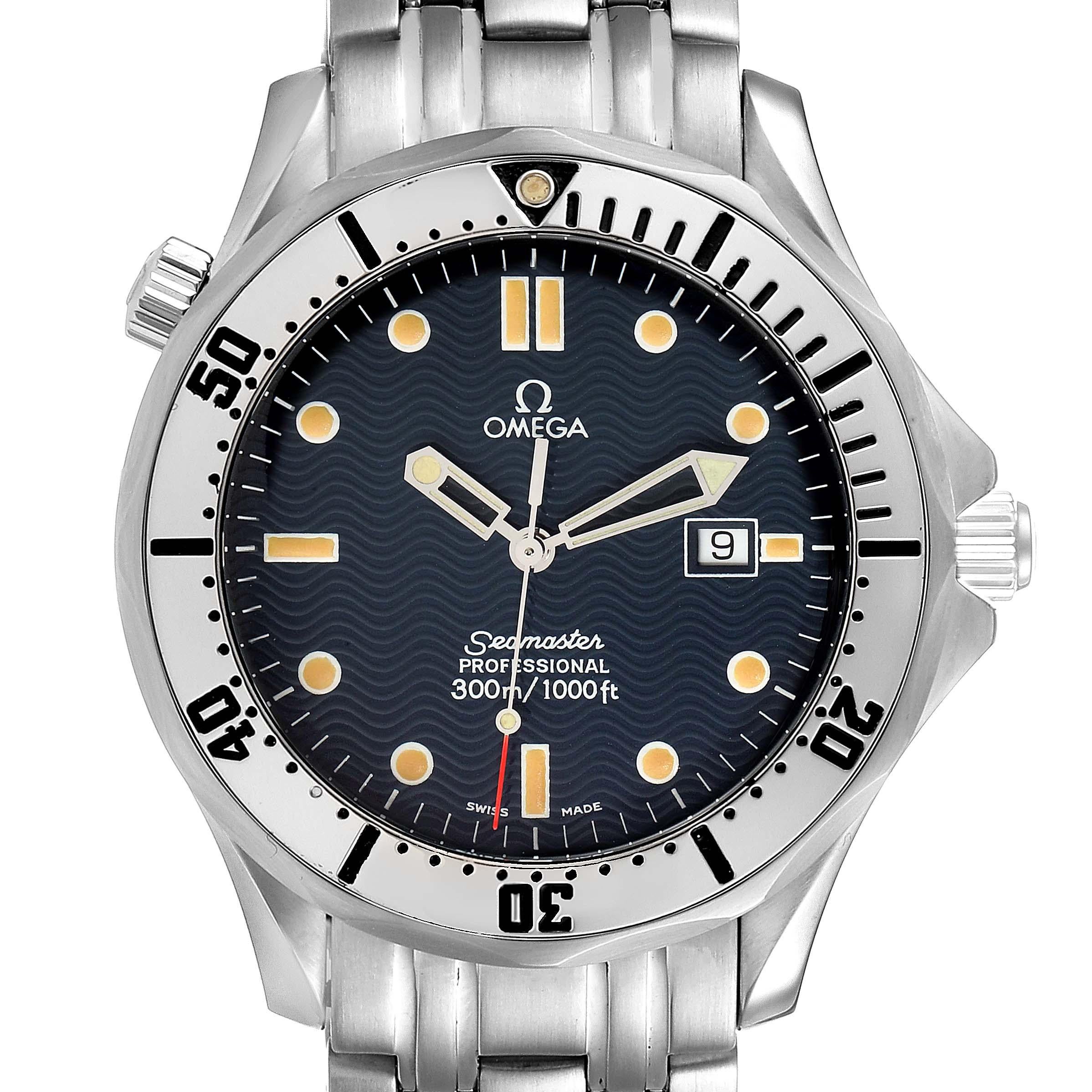 Omega Seamaster 300m Blue Wave Dial 41mm Mens Watch 2542.80.00 Card. Quartz precision movement with rhodium-plated finish. Caliber 1538. Stainless steel case 41.0 mm in diameter. Omega logo on a crown. Stainless steel unidirectional rotating bezel.