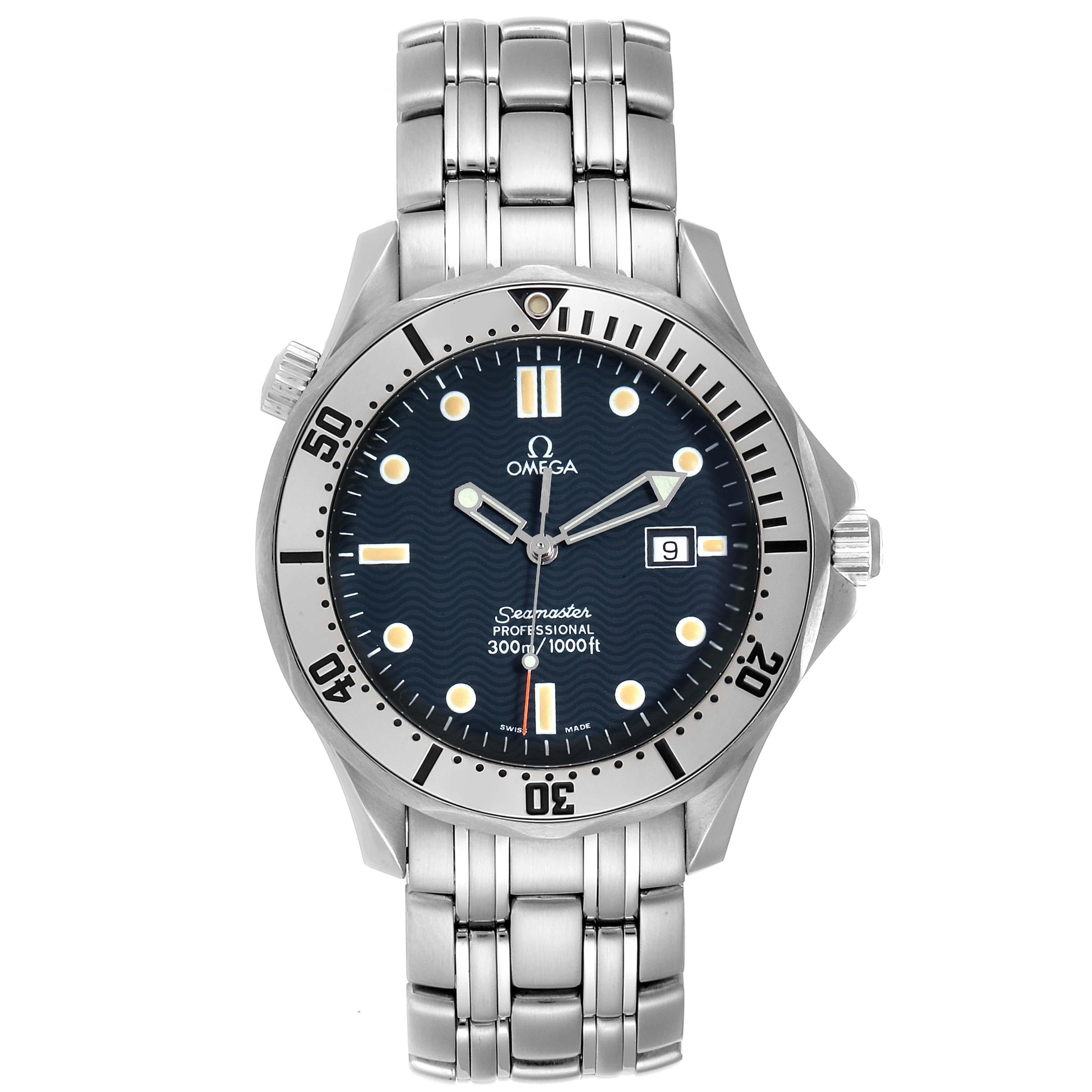 Omega Seamaster 300m Blue Wave Dial 41mm Mens Watch 2542.80.00. Quartz precision movement with rhodium-plated finish. Caliber 1538. Stainless steel case 41.0 mm in diameter. Omega logo on a crown. Stainless steel unidirectional rotating bezel.
