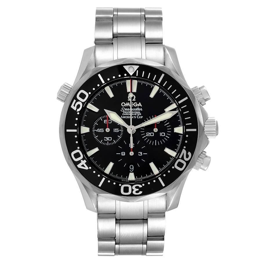Omega Seamaster 300M Chronograph Americas Cup Mens Watch 2594.50.00 Card. Officially certified chronometer automatic self-winding chronograph movement with column-wheel mechanism. Caliber 3303. Stainless steel case 41.5 mm in diameter. Omega logo on