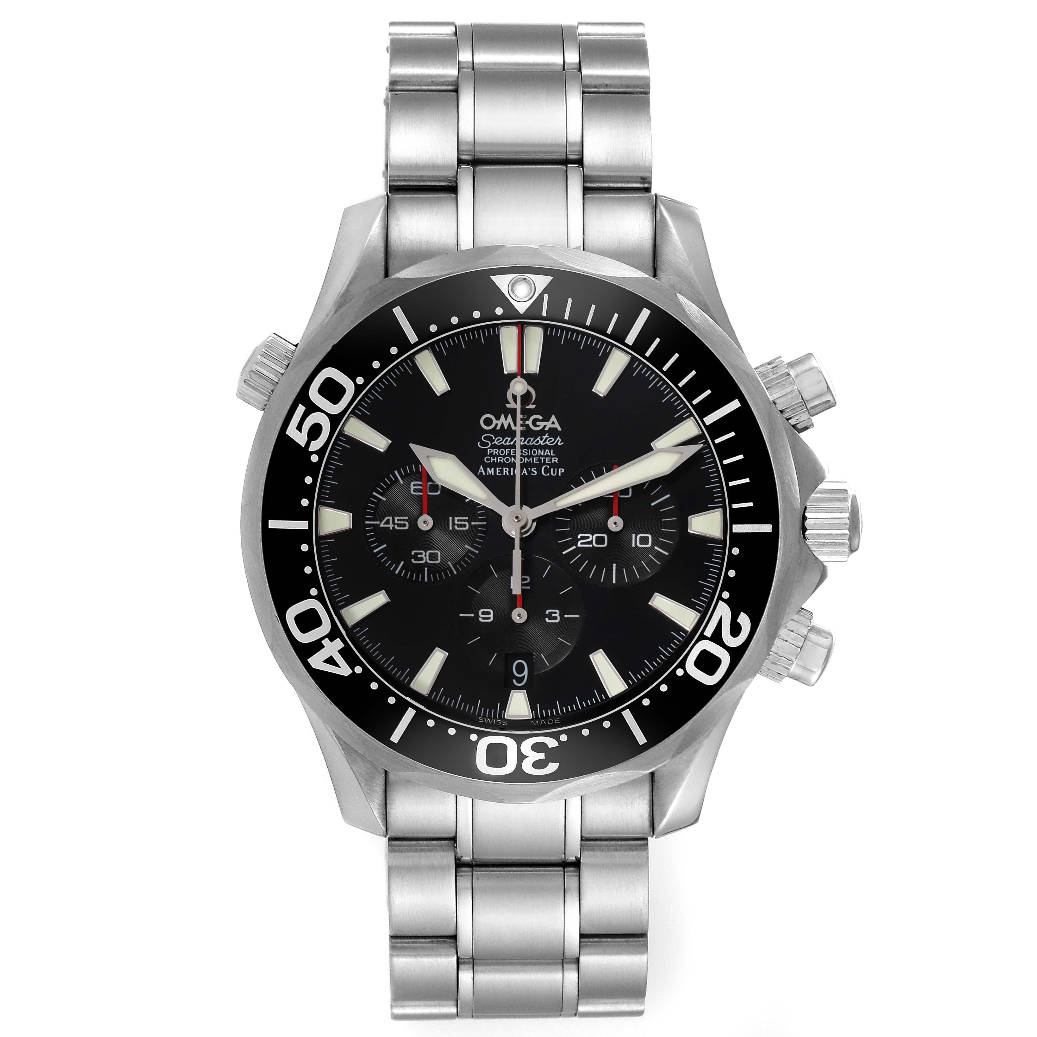 Omega Seamaster 300M Chronograph Americas Cup Mens Watch 2594.50.00. Officially certified chronometer automatic self-winding chronograph movement with column-wheel mechanism. Caliber 3303. Stainless steel case 41.5 mm in diameter. Omega logo on the