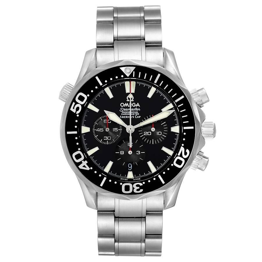 Omega Seamaster 300M Chronograph Americas Cup Watch 2594.50.00 Box Card. Officially certified chronometer automatic self-winding chronograph movement with column-wheel mechanism. Caliber 3303. Stainless steel case 41.5 mm in diameter. Omega logo on