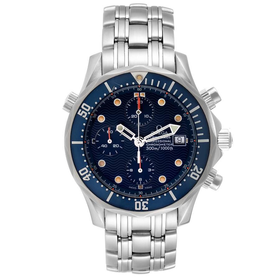 Omega Seamaster 300m Chronograph Automatic 41.5 mm Watch 2225.80.00 Card. Officially certified chronometer automatic self-winding movement. Chronograph function. Brushed and polished stainless steel case 41.5 mm in diameter. Omega logo on a crown.