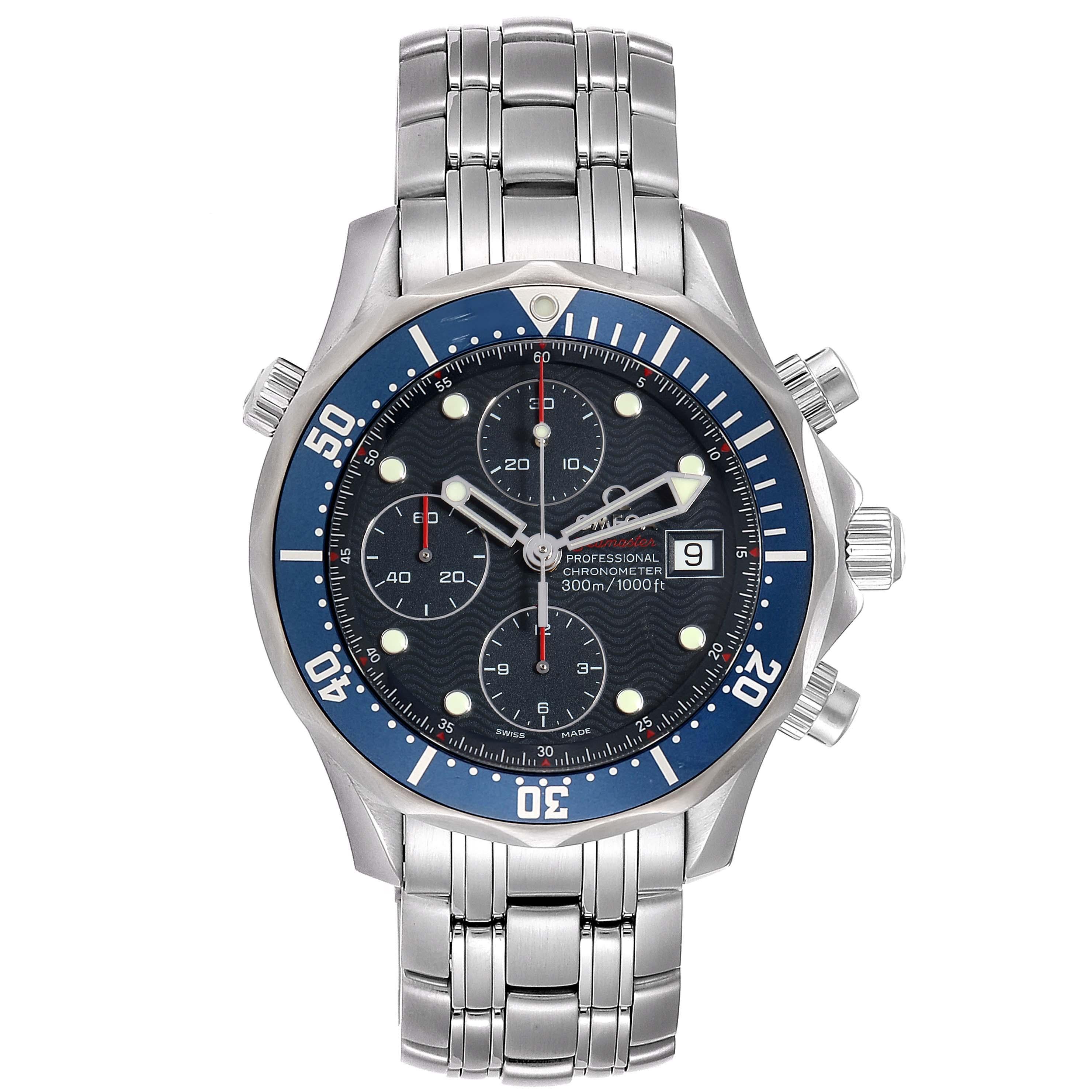 Omega Seamaster 300m Chronograph Automatic 41.5 mm Watch 2225.80.00. Officially certified chronometer automatic self-winding movement. Chronograph function. Brushed and polished stainless steel case 41.5 mm in diameter. Omega logo on a crown. Blue