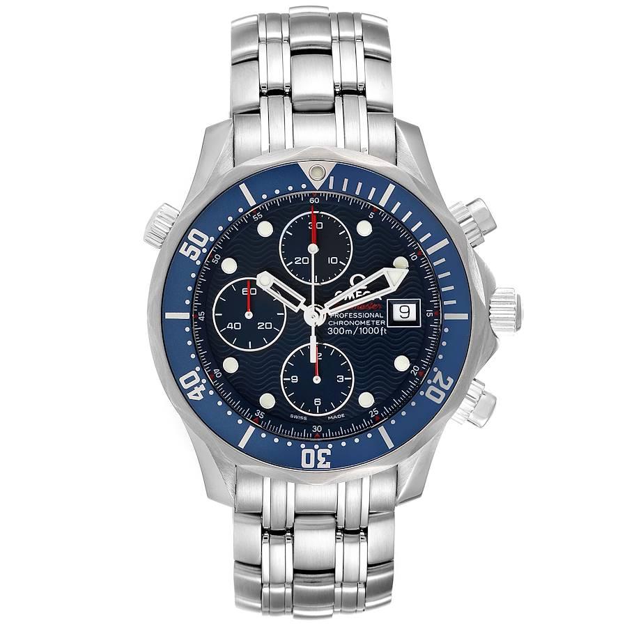 Omega Seamaster 300m Chronograph Automatic Watch 2225.80.00 Box Card. Officially certified chronometer automatic self-winding movement. Chronograph function. Brushed and polished stainless steel case 41.5 mm in diameter. Omega logo on a crown. Blue