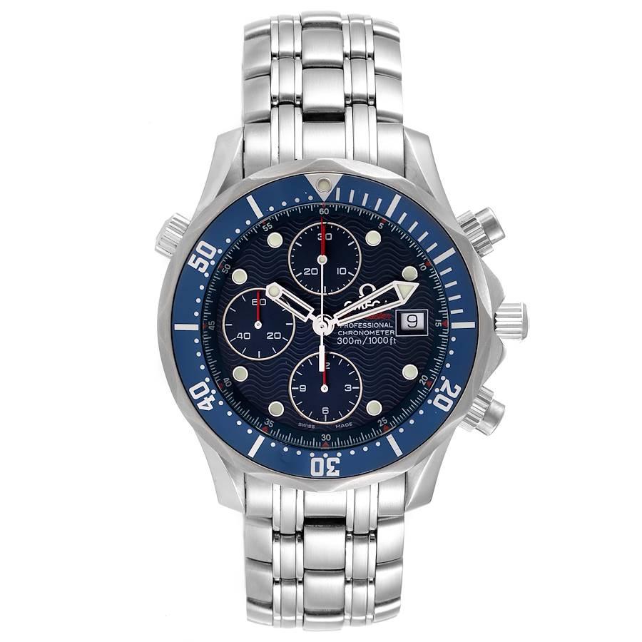 Omega Seamaster 300m Chronograph Automatic Watch 2225.80.00 Card. Officially certified chronometer automatic self-winding movement. Chronograph function. Brushed and polished stainless steel case 41.5 mm in diameter. Omega logo on a crown. Blue