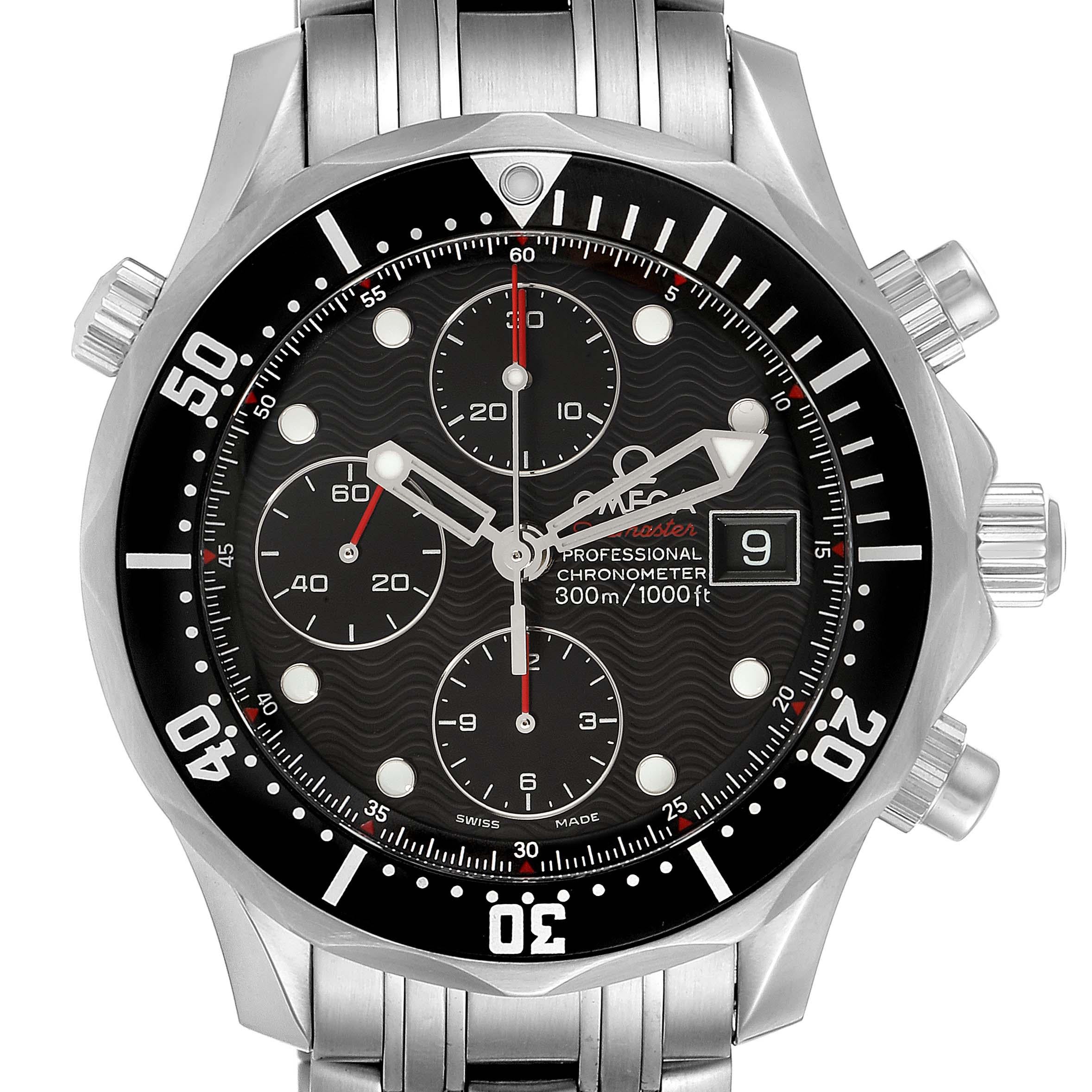 Omega Seamaster 300M Chronograph Black Dial Watch 213.30.42.40.01.001. Automatic self-winding chronograph movement. Stainless steel round case 41.0 mm in diameter. Black unidirectional rotating bezel. Scratch resistant sapphire crystal. Black dial