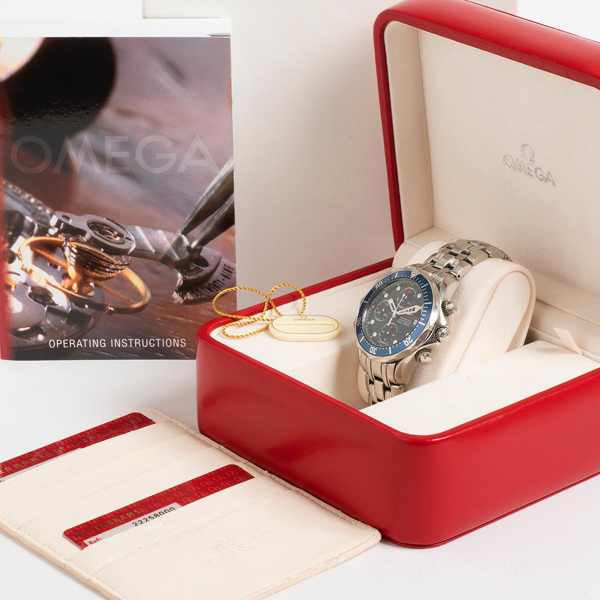 Our classic and instantly recognisable Omega Seamaster 300m Chronograph reference 2225.80.00 features a blue wave dial with red Seamaster script, aluminium blue bezel and stainless steel 41.5mm case and bracelet with secure clasp and extension .