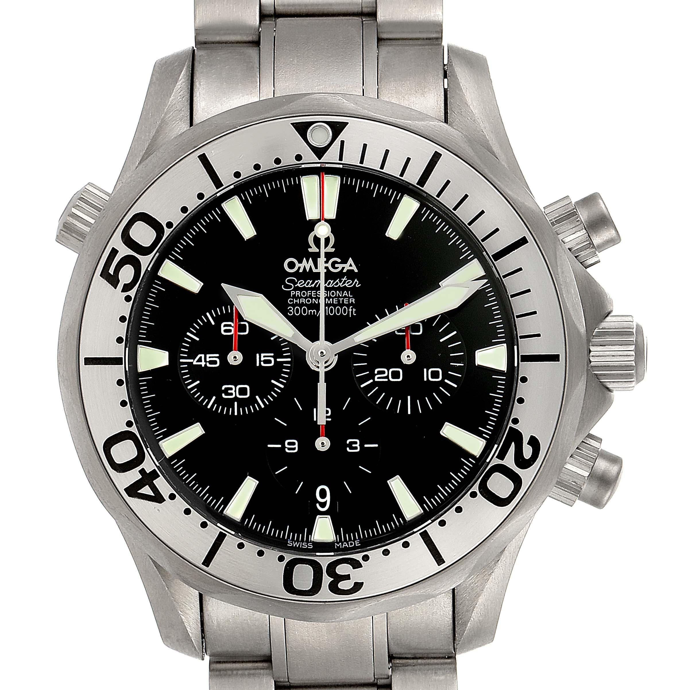 Omega Seamaster 300M Diver Chronograph Titanium Mens Watch 2293.52.00. Officially certified chronometer automatic self-winding movement. Chronograph function. Caliber 3301. Titanium case 41.5 mm in diameter. Omega logo on a crown. Unidirectional