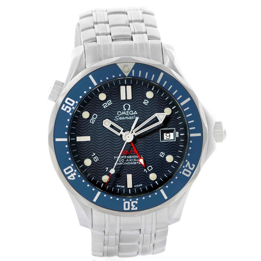 Omega Seamaster 300m Dual Time Zone Mens Watch 2535.80.00 Box Cards. Automatic self-winding movement. Caliber 2628. Stainless steel case 41 mm in diameter. Omega logo on a crown. Helium-escape valve at 10 o'clock. Exhibition case back.