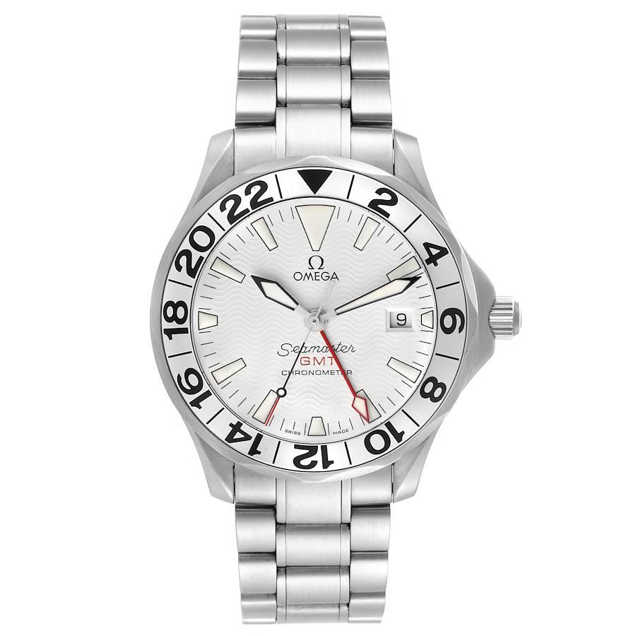 Omega Seamaster 300M GMT Great White Steel Mens Watch 2538.20.00 Box Card. Officially certified chronometer automatic self-winding movement. Stainless steel case 41 mm in diameter. Omega logo on a crown. Bidirectional rotating stainless steel bezel.