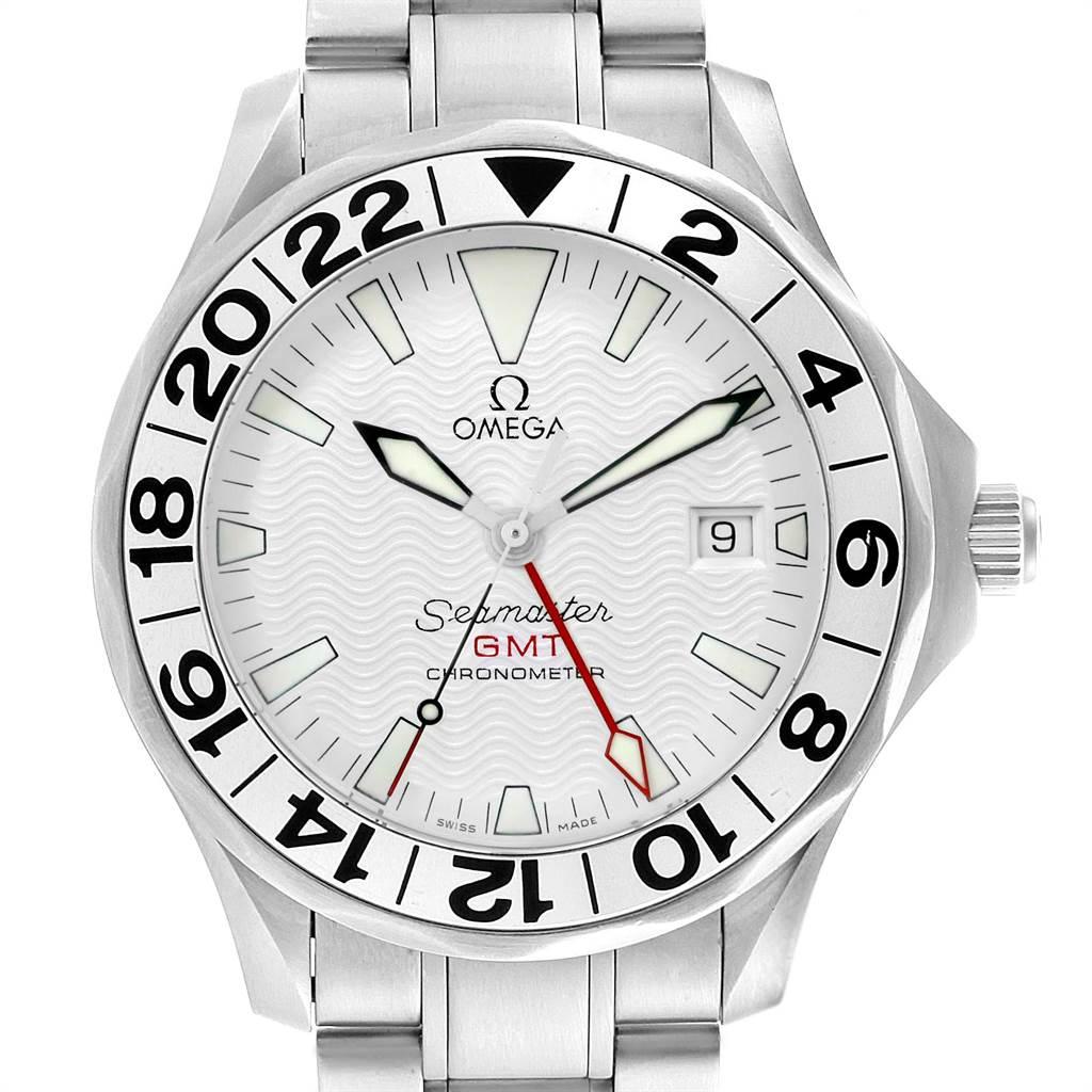 Omega Seamaster 300M GMT White Wave Dial Watch 2538.20.00 Card. Automatic self-winding movement. Stainless steel case 41.0 mm in diameter. Omega logo on a crown. Bidirectional rotating stainless steel bezel. Scratch resistant sapphire crystal. White