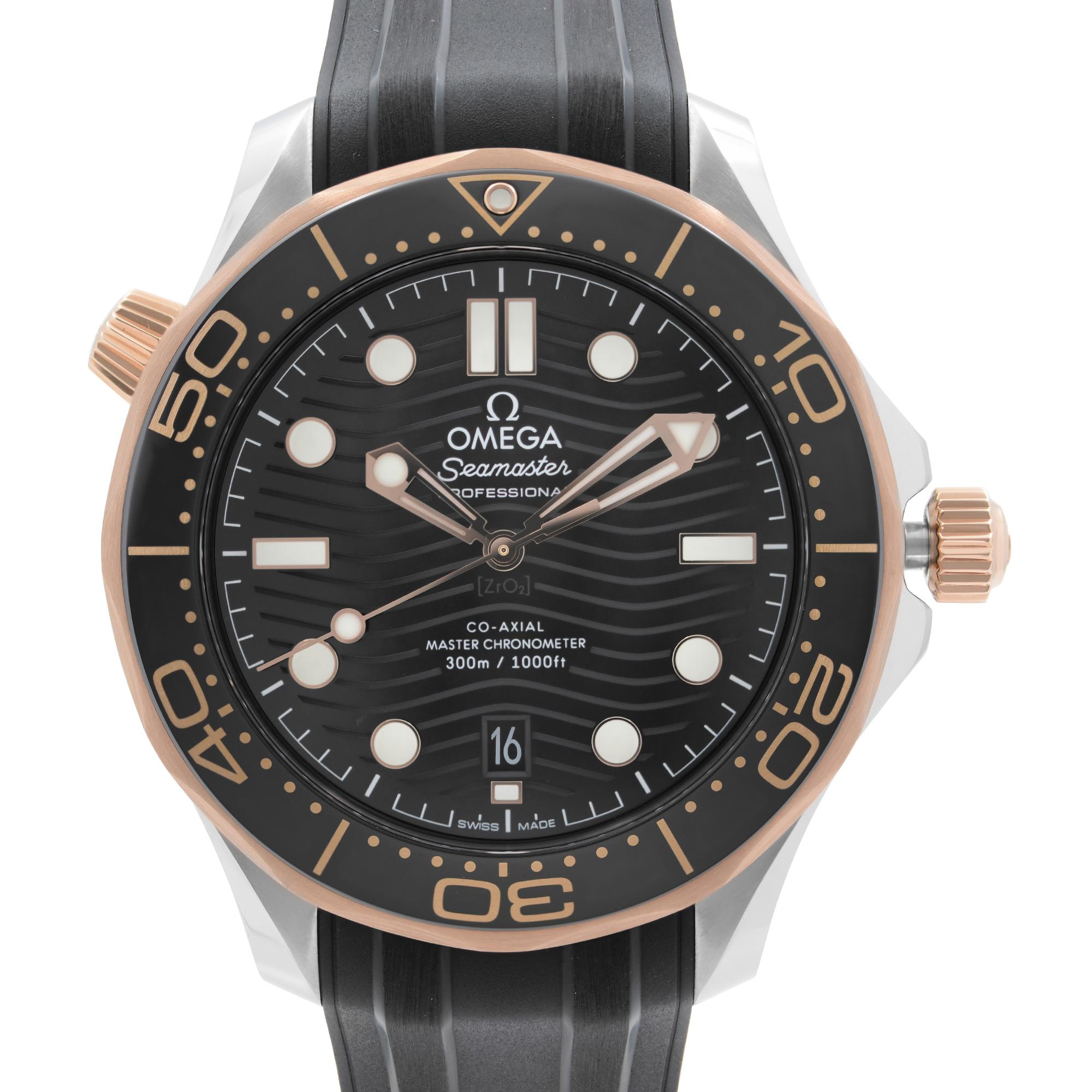 Display Model Omega Seamaster Automatic 18kt Sedna Gold Men's Watch 210.22.42.20.01.002. This Beautiful Timepiece Features: Stainless Steel Case with a Black Rubber Strap, Rotating 18kt Sedna Gold Bezel with a Black Ceramic (count-up elapsed time)