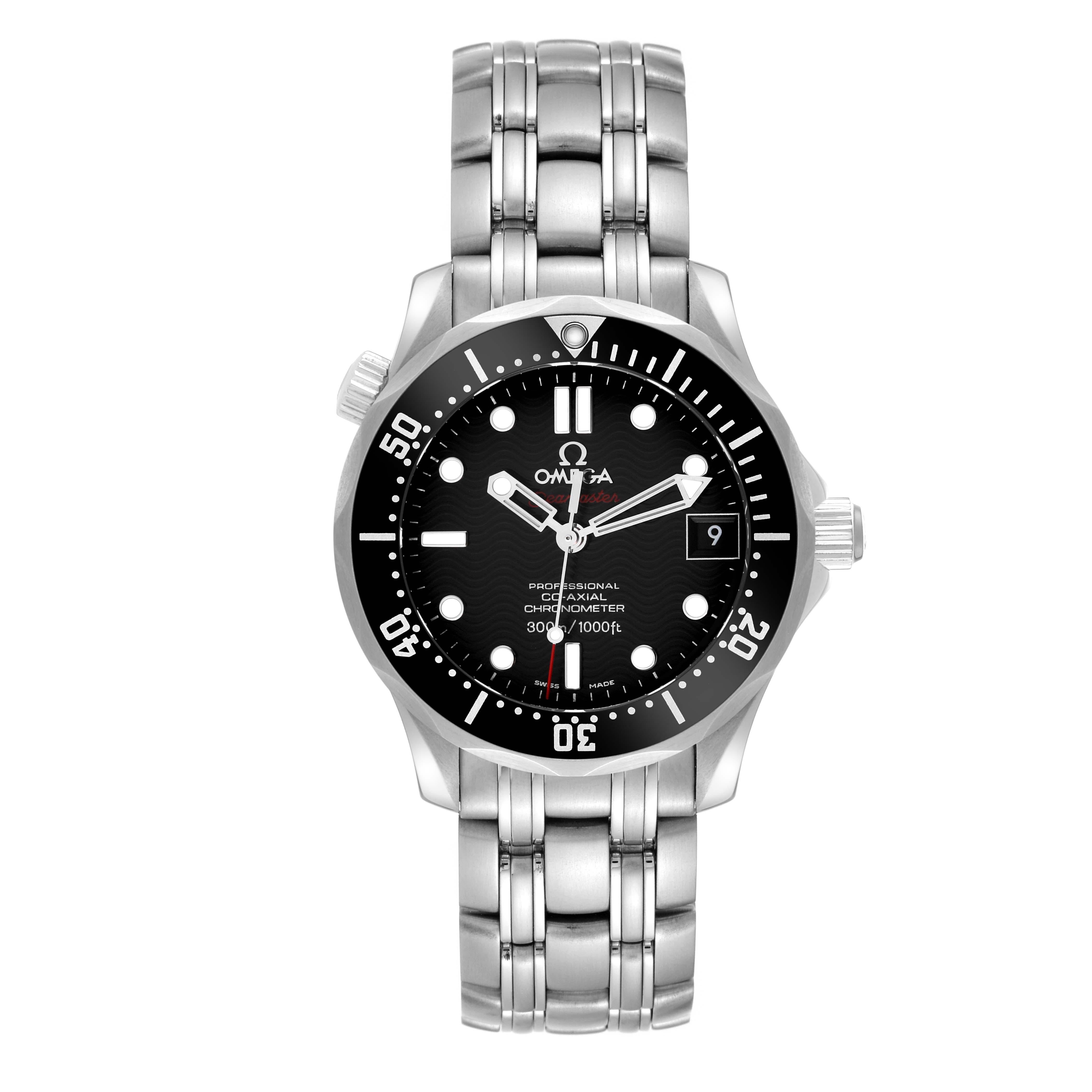 Omega Seamaster 300M Midsize 36 Steel Mens Watch 212.30.36.20.01.001. Automatic self-winding movement. Stainless steel round case 36.25 mm in diameter. Black unidirectional rotating bezel. Scratch resistant sapphire crystal. Black wave decor dial