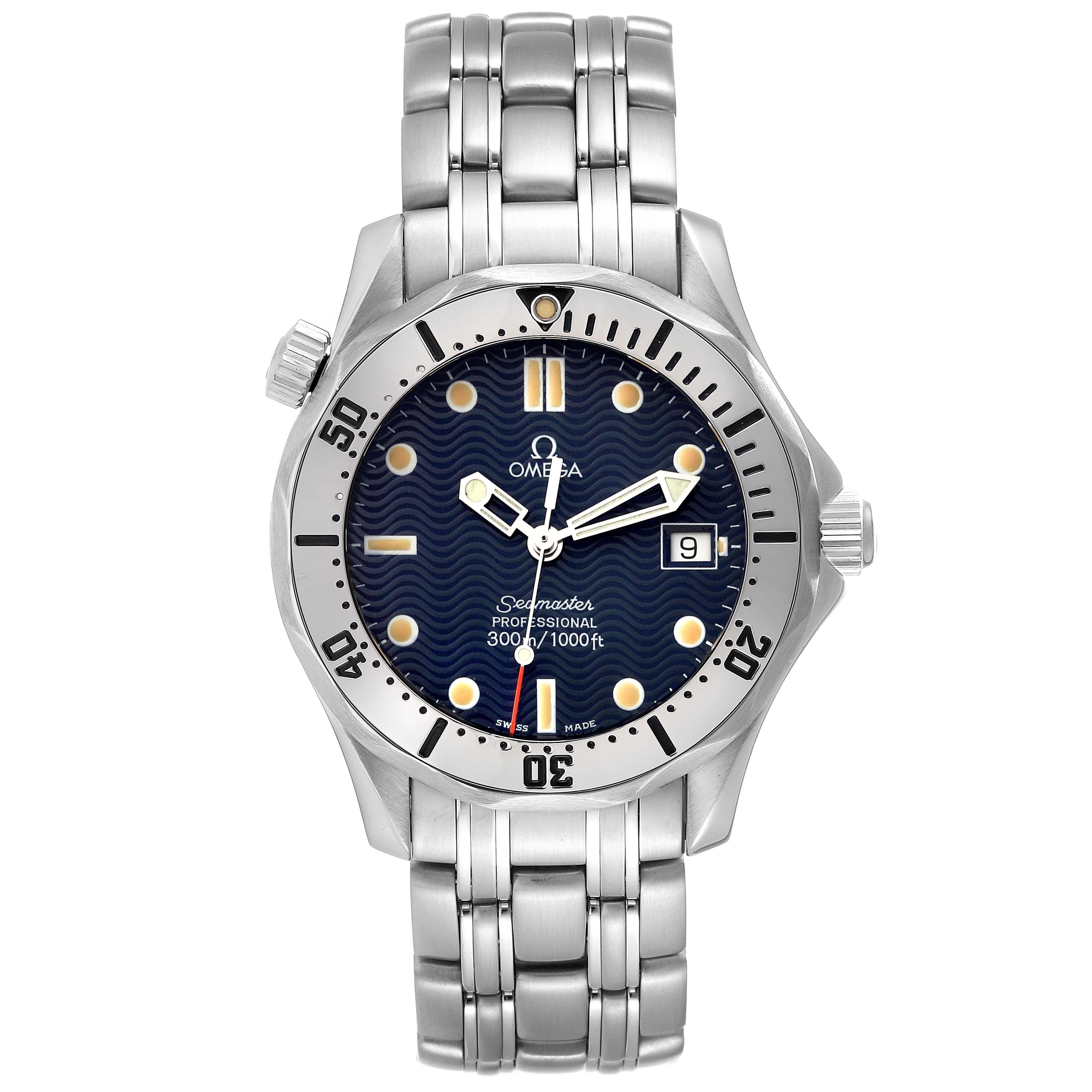 Omega Seamaster 300m Midsize 36mm Steel Mens Watch 2562.80.00 Card. Quartz movement. Stainless steel case 36.25 mm in diameter. Omega logo on crown. Unidirectional rotating stainless steel bezel. Scratch resistant sapphire crystal. Blue wave decor