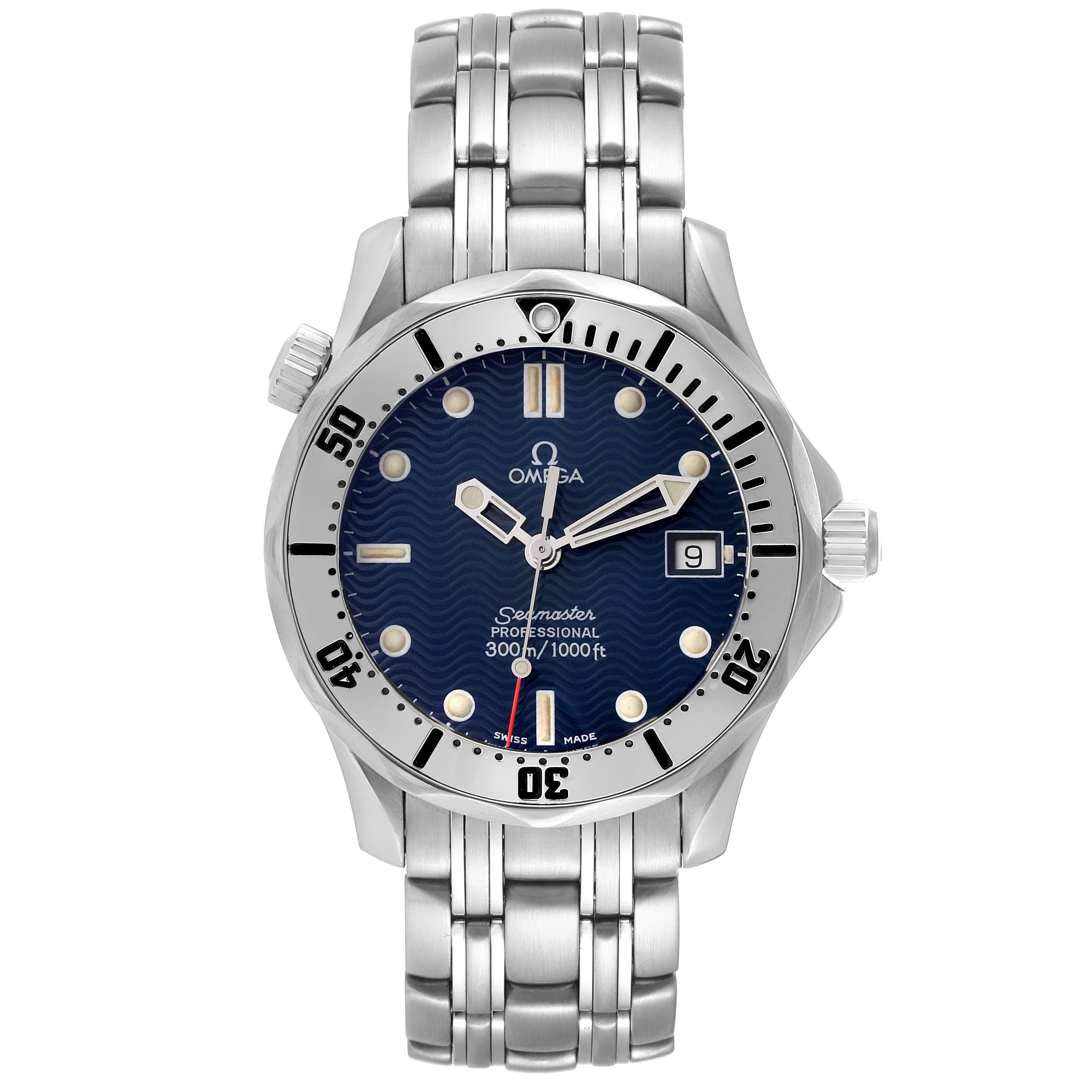 Omega Seamaster 300m Midsize 36mm Steel Mens Watch 2562.80.00. Quartz movement. Stainless steel case 36.25 mm in diameter. Omega logo on a crown. Unidirectional rotating stainless steel bezel. Scratch resistant sapphire crystal. Blue wave decor dial