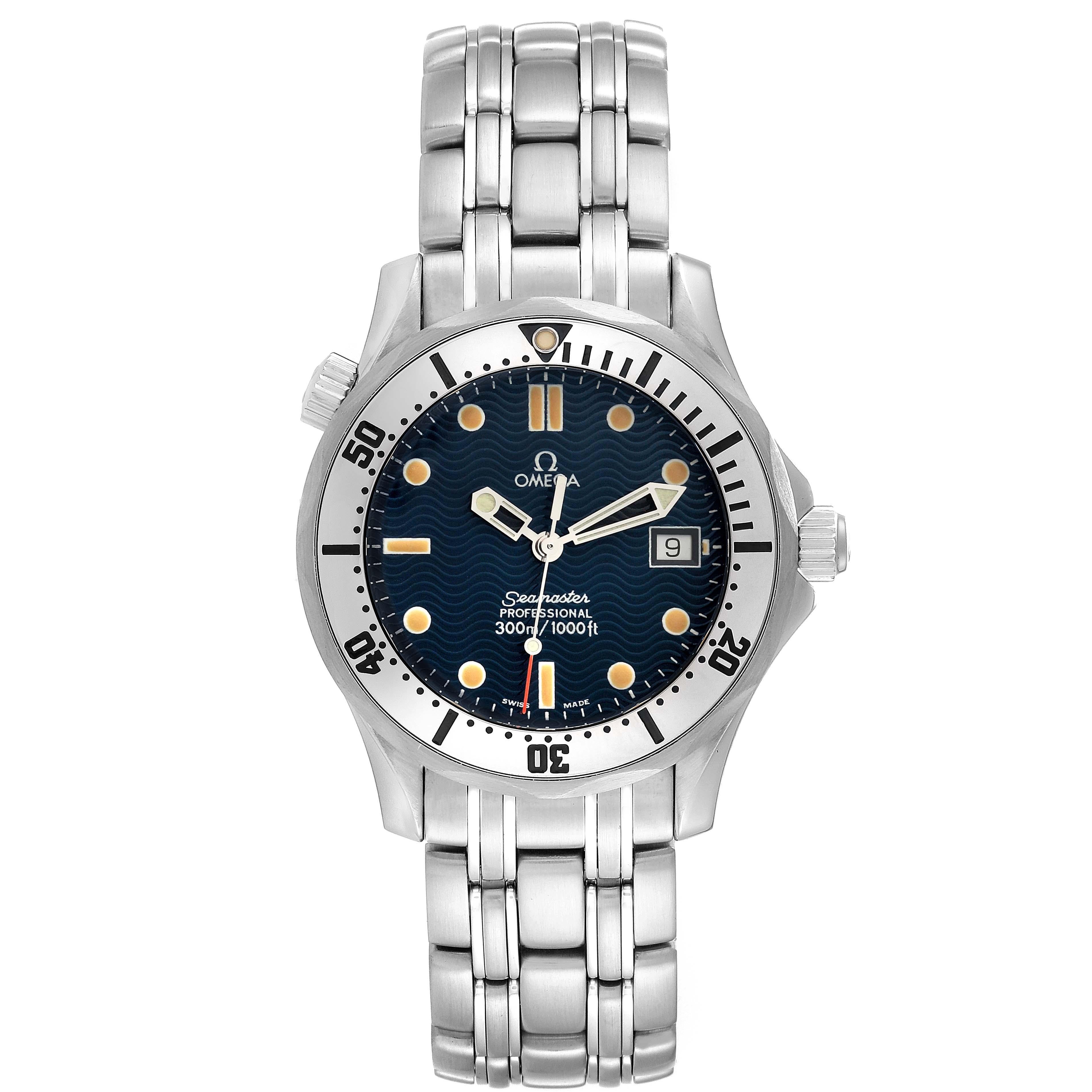 Omega Seamaster 300m Midsize 36mm Steel Mens Watch 2562.80.00. Quartz movement. Stainless steel case 36.25 mm in diameter. Omega logo on a crown. Unidirectional rotating stainless steel bezel. Scratch resistant sapphire crystal. Blue wave decor dial
