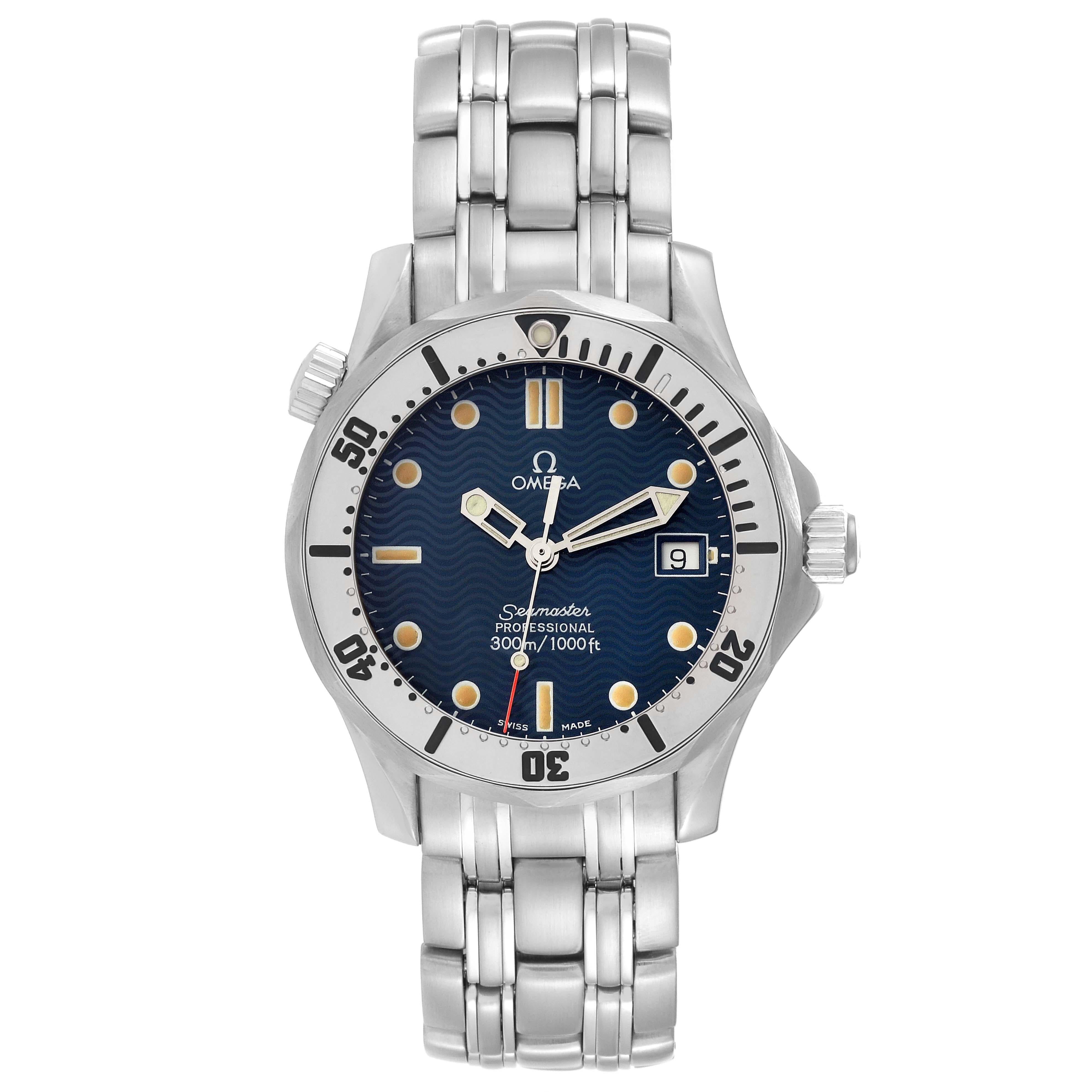 Omega Seamaster 300m Midsize 36mm Steel Mens Watch 2562.80.00. Quartz movement. Stainless steel case 36.25 mm in diameter. Omega logo on crown. Unidirectional rotating stainless steel bezel. Scratch resistant sapphire crystal. Blue wave decor dial