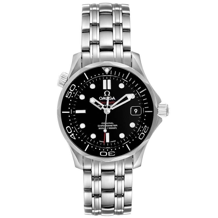 Omega Seamaster 300M Midsize Steel Mens Watch 212.30.36.20.01.002 Box Card. Automatic chronometer, Co-Axial Escapement movement with rhodium-plated finish. Stainless steel case 36.25 mm in diameter. Omega logo on a crown. Helium-escape valve at 10