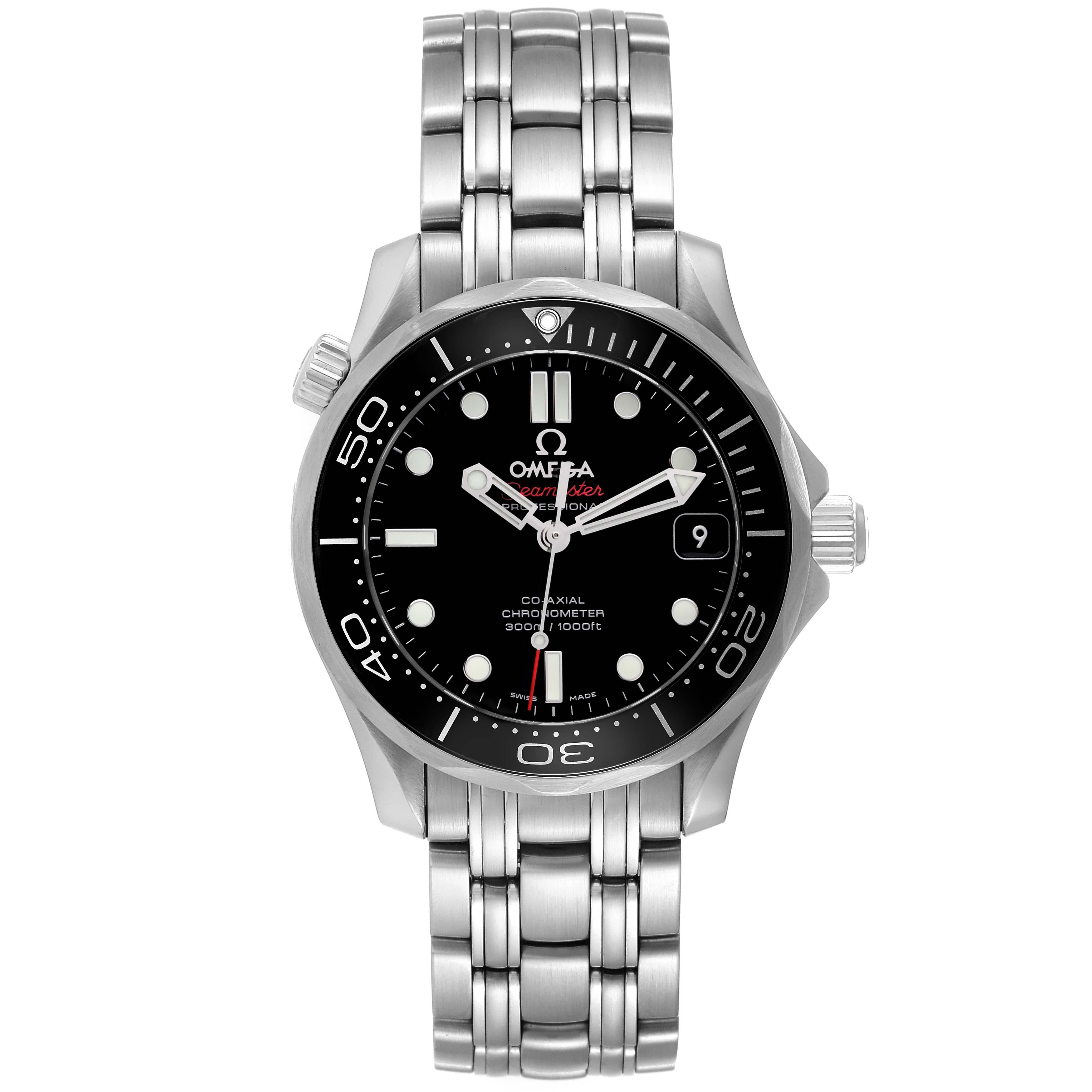 Omega Seamaster 300M Midsize Steel Mens Watch 212.30.36.20.01.002 Box Card. Automatic chronometer, Co-Axial Escapement movement with rhodium-plated finish. Stainless steel case 36.25 mm in diameter. Omega logo on the crown. Helium-escape valve at 10