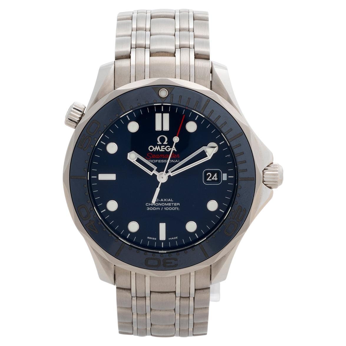 Our Omega Seamaster 300m Professional 2123042003001 features a 41mm stainless steel case with blue dial and blue ceramic bezel and stainless steel bracelet. An iconic dive watch, this example is presented in outstanding condition with only light