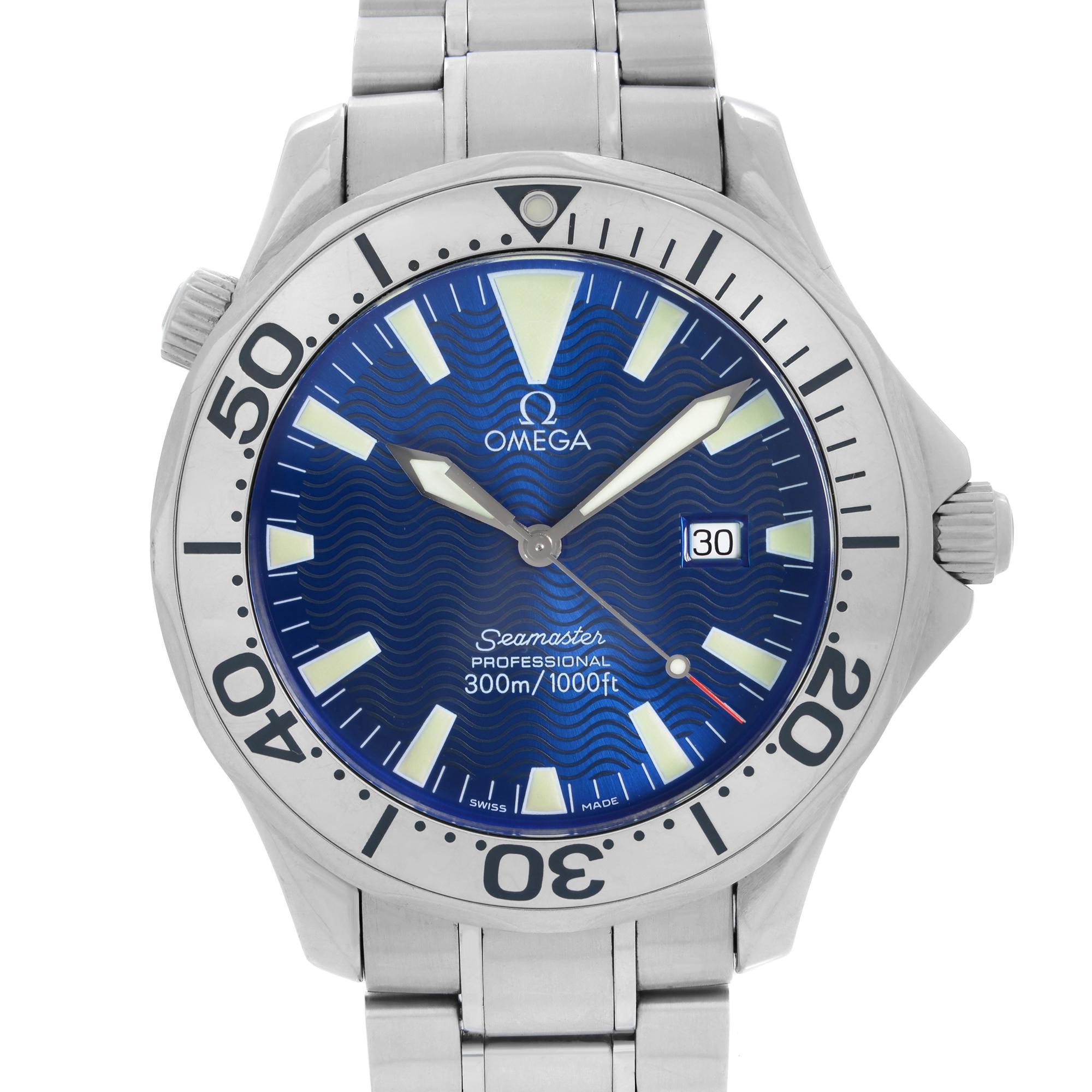 Pre-owned Omega Seamaster Diver 300M 41mm Quartz Watch 2253.80.00. This Beautiful Timepiece is Powered By a Quartz Movement and Features: Stainless Steel Case and Bracelet, Unidirectional Stainless Steel Bezel, Blue Dial with Luminous Silver-Tone