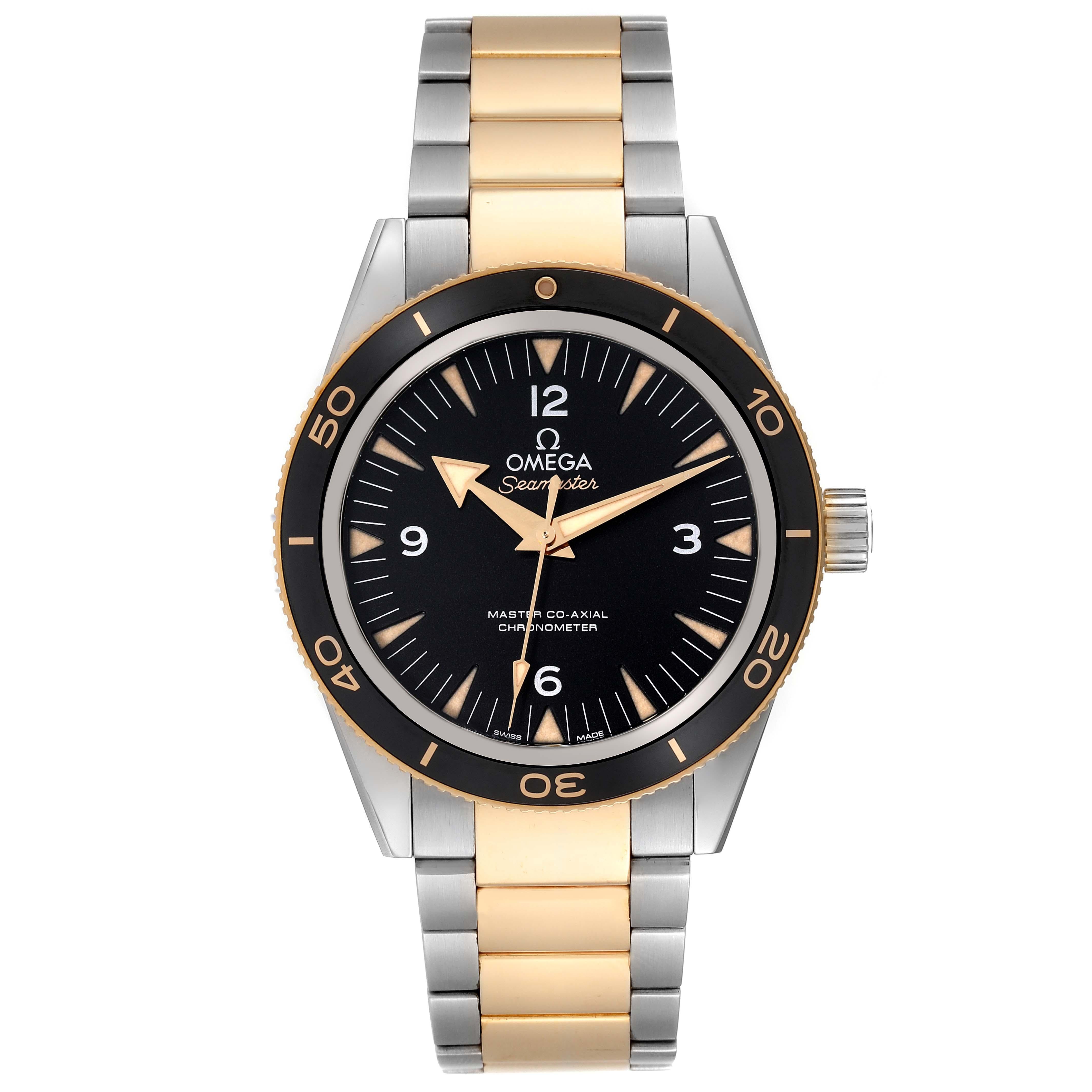 Omega Seamaster 300M Steel Yellow Gold Mens Watch 233.20.41.21.01.002 Card. Automatic self-winding movement with Co-Axial escapement. Resistant to magnetic fields greater than 15,000 gauss. Free sprung-balance with silicon balance spring, two