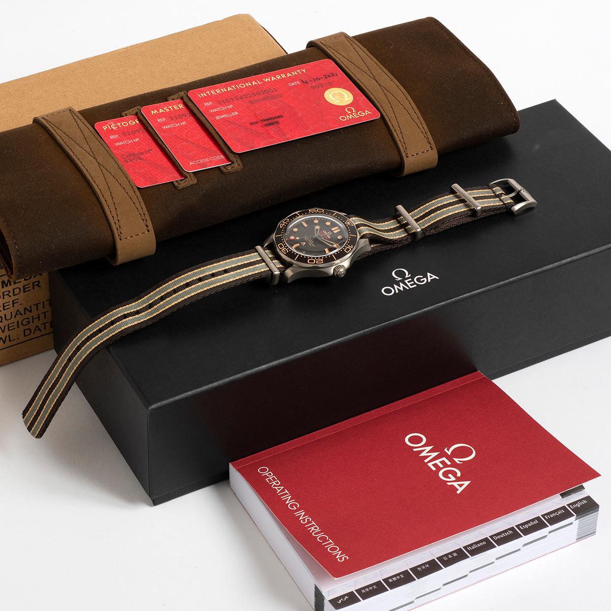 Our special edition Omega Seamaster 300m features a titanium 42mm case with military style caseback and is fitted to its original James Bond style canvas Nato strap. Reference 20192422001001 was produced in limited supply to commemorate the final
