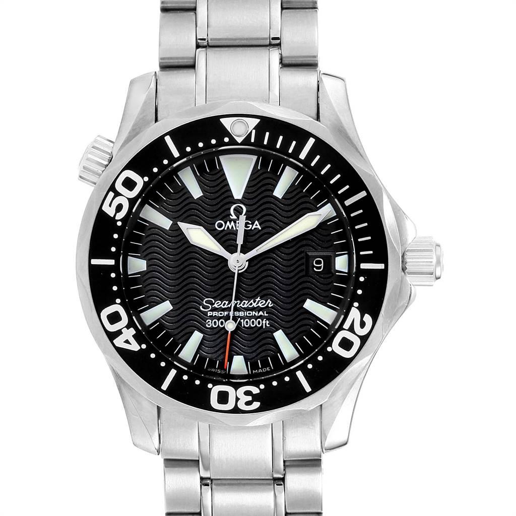 Omega Seamaster 36 Midsize Black Dial Steel Watch 2252.50.00 Box. Automatic self-winding movement. Stainless steel round case 36.25 mm in diameter. Black unidirectional rotating bezel. Scratch resistant sapphire crystal. Black wave decor dial with