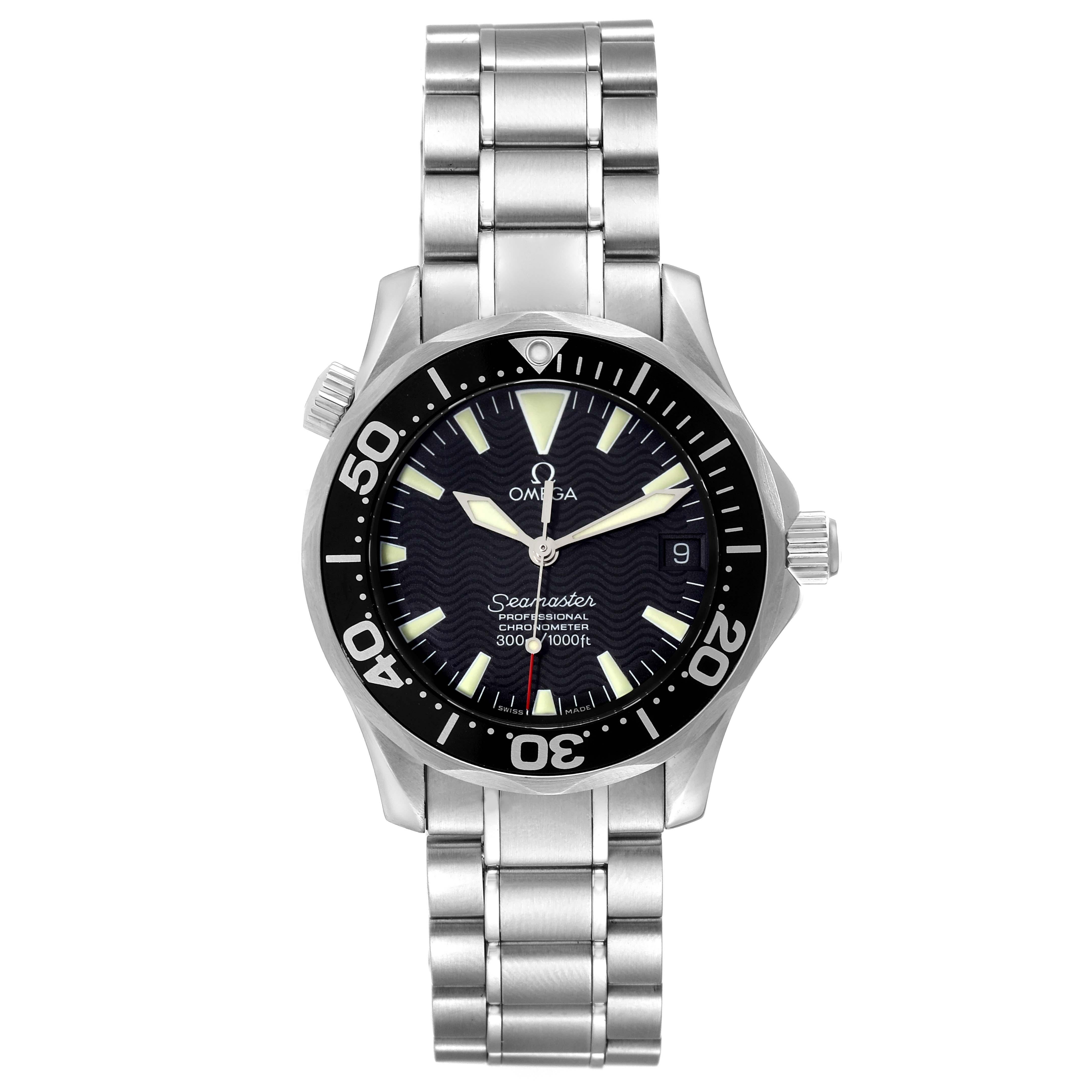 Omega Seamaster 36mm Midsize Black Wave Dial Steel Mens Watch 2252.50.00 Card. Automatic self-winding movement. Stainless steel round case 36.25 mm in diameter. Black unidirectional rotating bezel. Scratch resistant sapphire crystal. Black wave