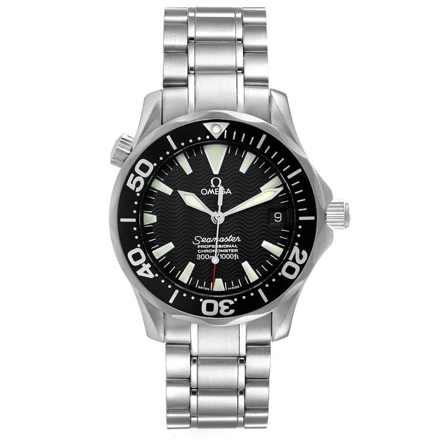 Omega Seamaster 36mm Midsize Black Wave Dial Steel Watch 2252.50.00. Automatic self-winding movement. Stainless steel round case 36.25 mm in diameter. Black unidirectional rotating bezel. Scratch resistant sapphire crystal. Black wave decor dial