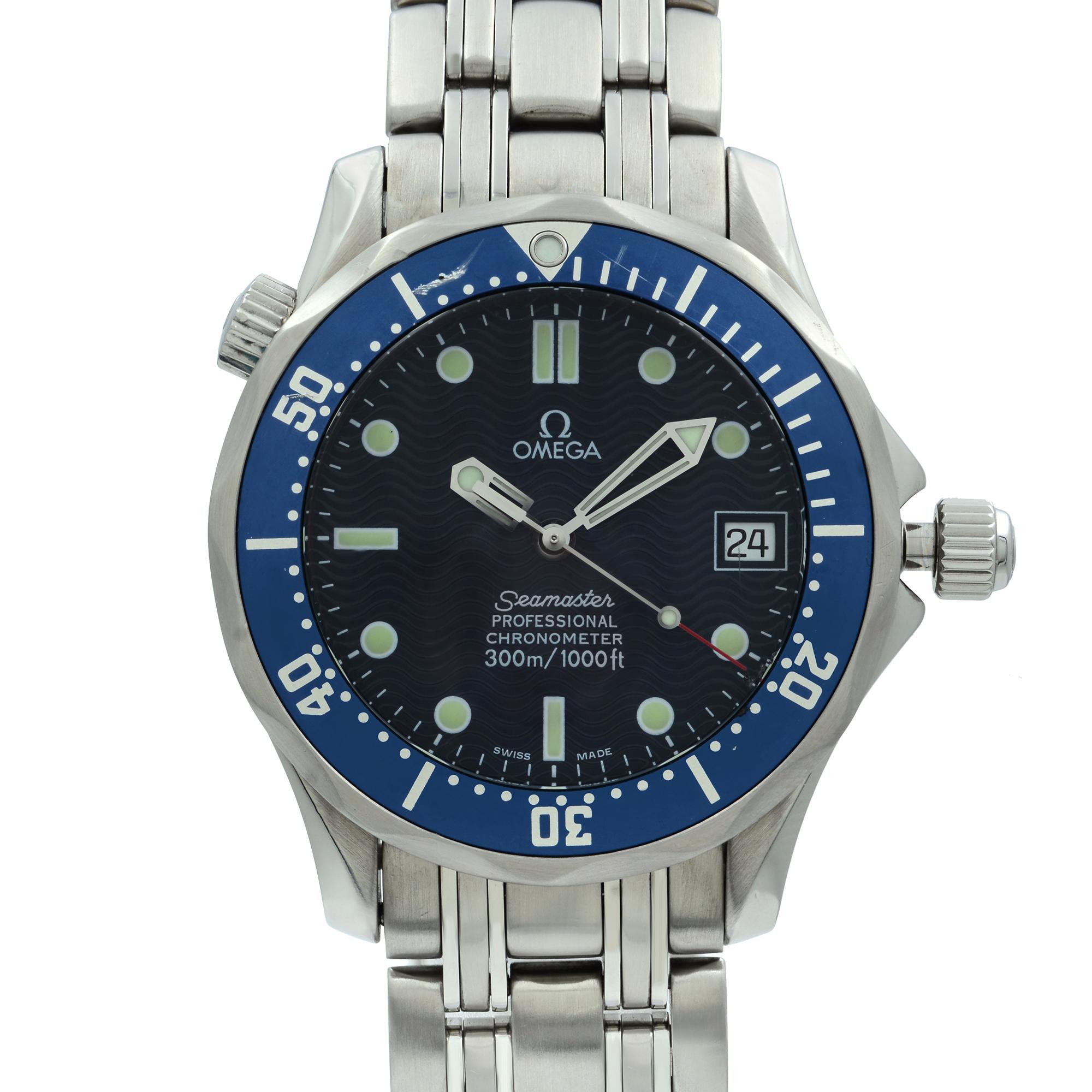 Pre-owned Omega Seamaster 36mm Steel Blue Wave Dial Automatic Midsize Watch. Shows Scratches and Wear Signs on the Bezel and Bracelet as Shown in the Pictures. Original Box and Papers are not included comes with a Chronostore presentation box and