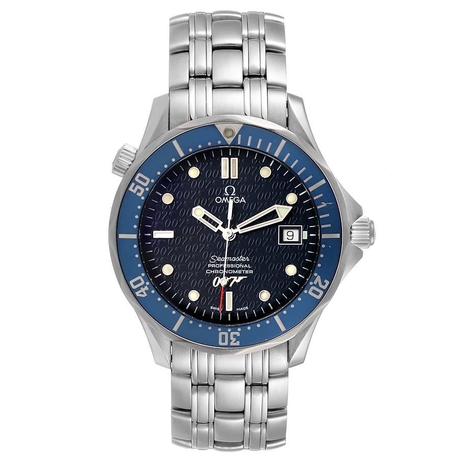 Omega Seamaster 40 Years James Bond Blue Dial Watch 2537.80.00 Box Card. Officially certified chronometer automatic self-winding movement. Brushed and polished stainless steel case 41.00 mm in diameter. Omega logo on a crown. Screw down back with
