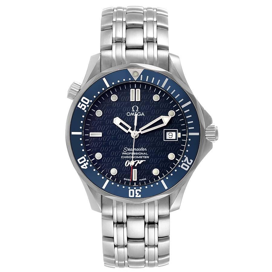 Omega Seamaster 40 Years James Bond Blue Dial Watch 2537.80.00 Box Card. Officially certified chronometer automatic self-winding movement. Brushed and polished stainless steel case 41.00 mm in diameter. Omega logo on a crown. Screw down back with