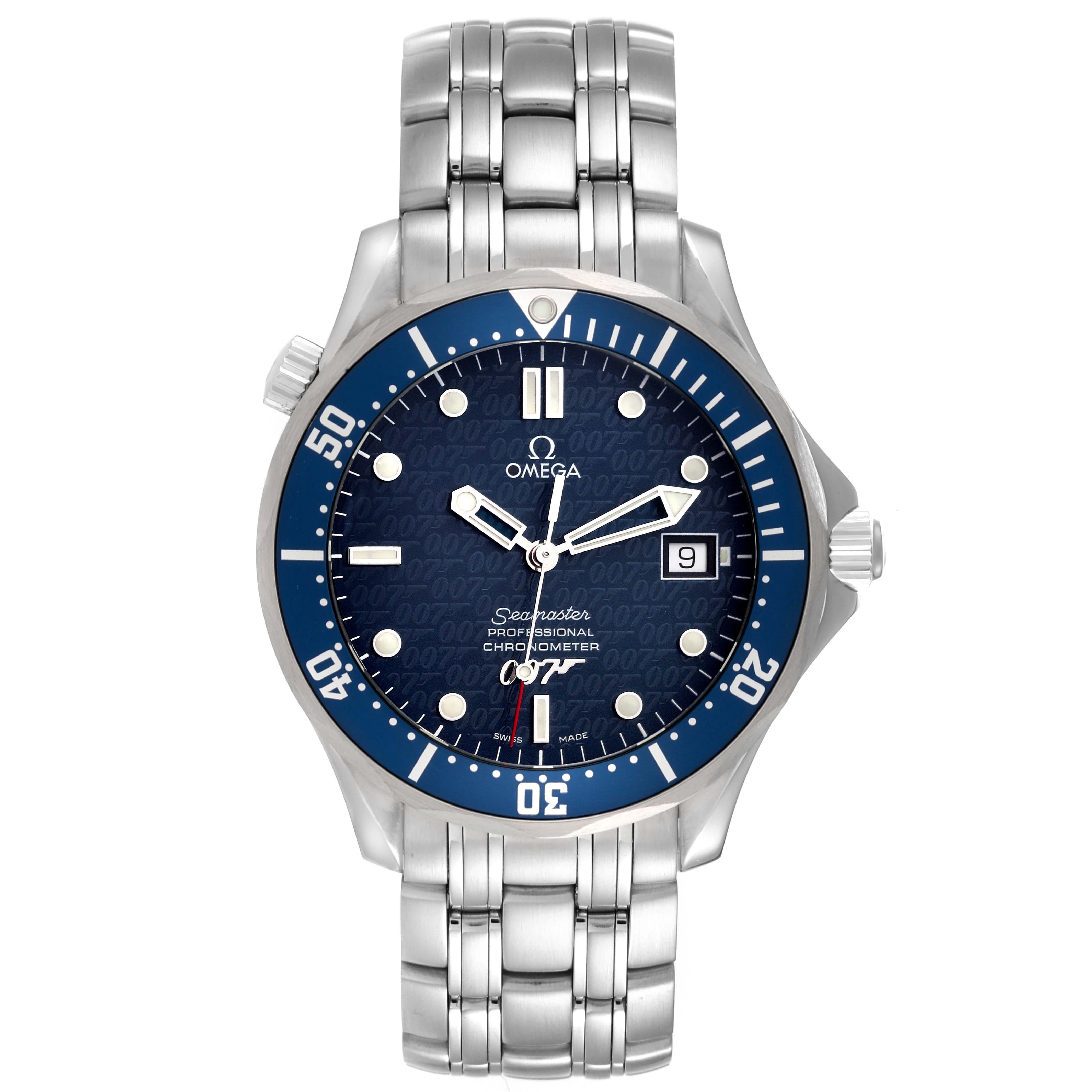 Omega Seamaster 40 Years James Bond Limited Edition Steel Mens Watch 2537.80.00. Officially certified chronometer automatic self-winding movement. Brushed and polished stainless steel case 41.00 mm in diameter. Omega logo on a crown. Screw down back