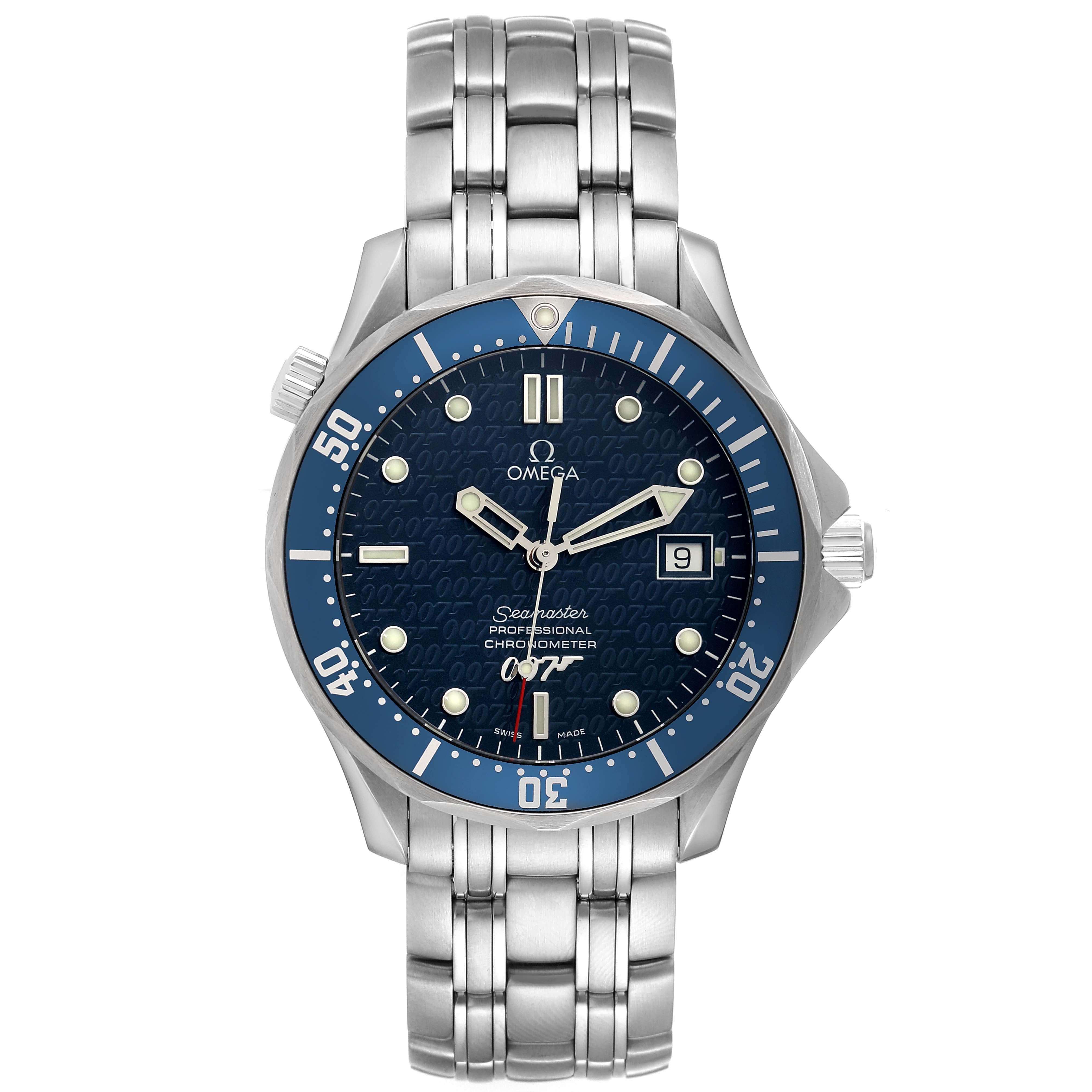Omega Seamaster 40 Years James Bond Steel Mens Watch 2537.80.00 Box Card. Officially certified chronometer automatic self-winding movement. Brushed and polished stainless steel case 41.00 mm in diameter. Omega logo on a crown. Screw down back with