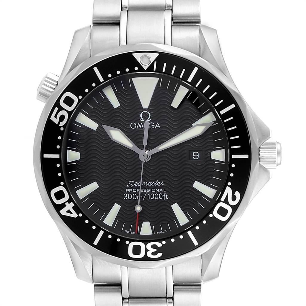 Omega Seamaster 41mm Black Dial Stainless Steel Mens Watch 2264.50.00. Quartz movement. Stainless steel round case 41.0 mm in diameter. Black unidirectional rotating bezel. Scratch resistant sapphire crystal. Black wave decor dial with luminous