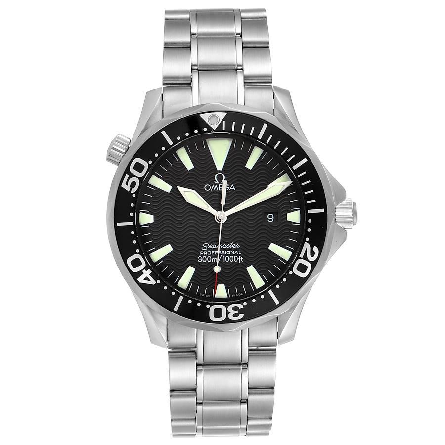 Omega Seamaster 41mm Black Dial Stainless Steel Mens Watch 2264.50.00. Quartz movement. Stainless steel round case 41.0 mm in diameter. Black unidirectional rotating bezel. Scratch resistant sapphire crystal. Black wave decor dial with luminous