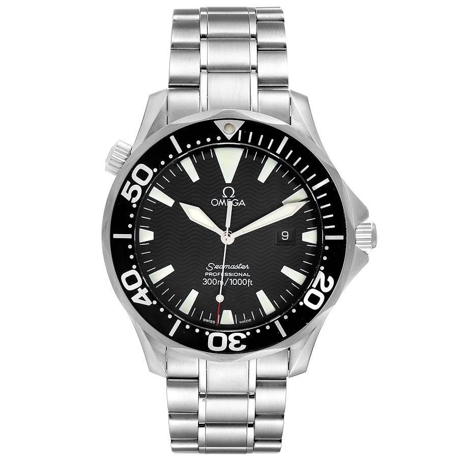 Omega Seamaster 41mm Black Dial Stainless Steel Mens Watch 2264.50.00. Quartz movement. Stainless steel round case 41.0 mm in diameter. Black unidirectional rotating bezel. Scratch resistant sapphire crystal. Black wave decor dial with luminous