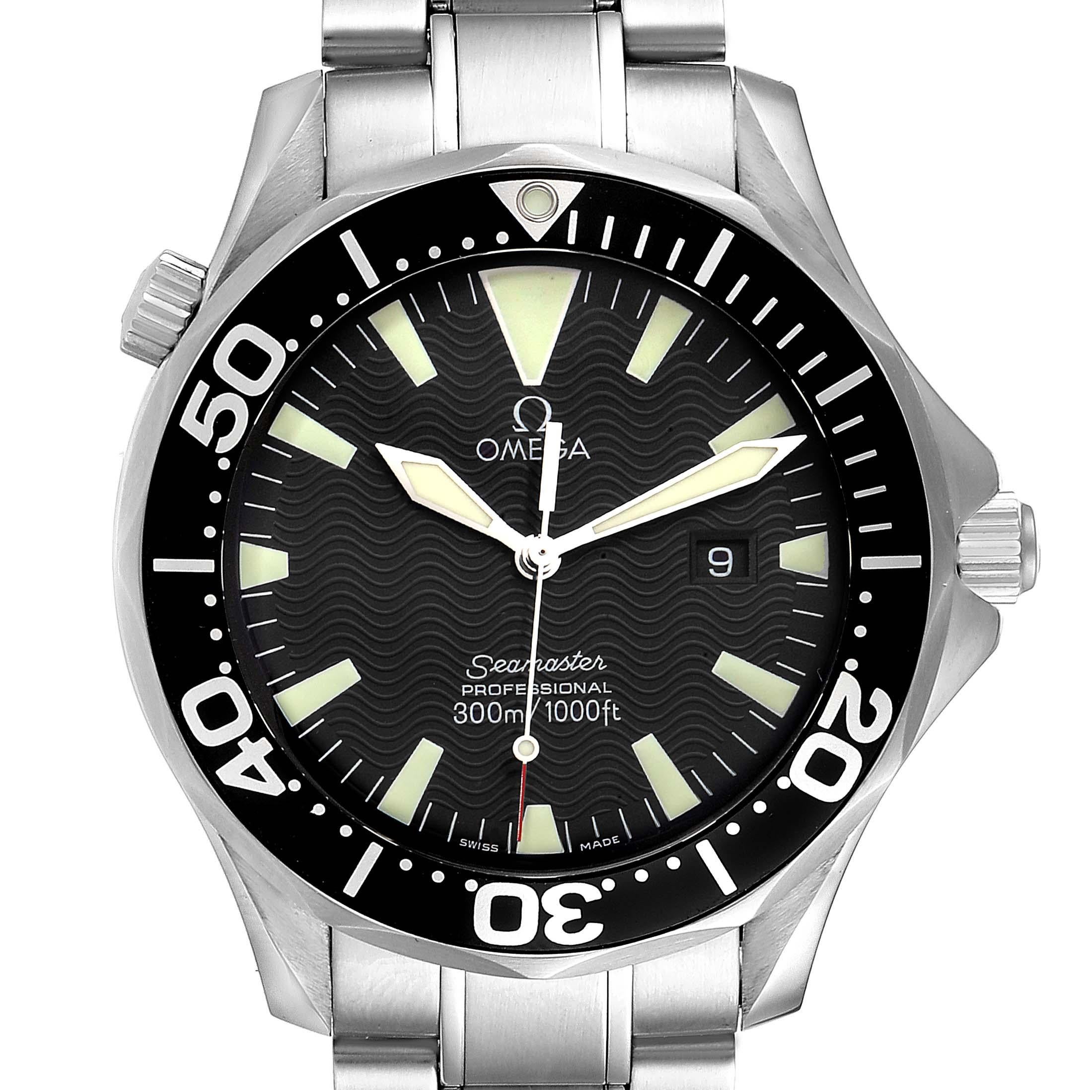 Omega Seamaster 41mm Black Dial Stainless Steel Mens Watch 2264.50.00. Quartz movement. Stainless steel round case 41.0 mm in diameter. Black unidirectional rotating bezel. Scratch resistant sapphire crystal. Black wave decor dial with luminous