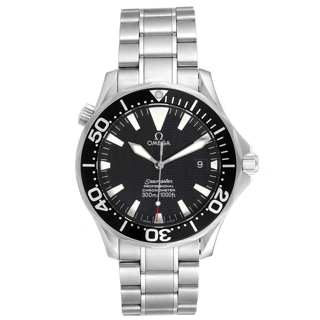 Omega Seamaster 41mm Black Wave Dial Steel Mens Watch 2254.50.00. Automatic self-winding movement. Stainless steel round case 41.0 mm in diameter. Black unidirectional rotating bezel. Scratch resistant sapphire crystal. Black wave decor dial with